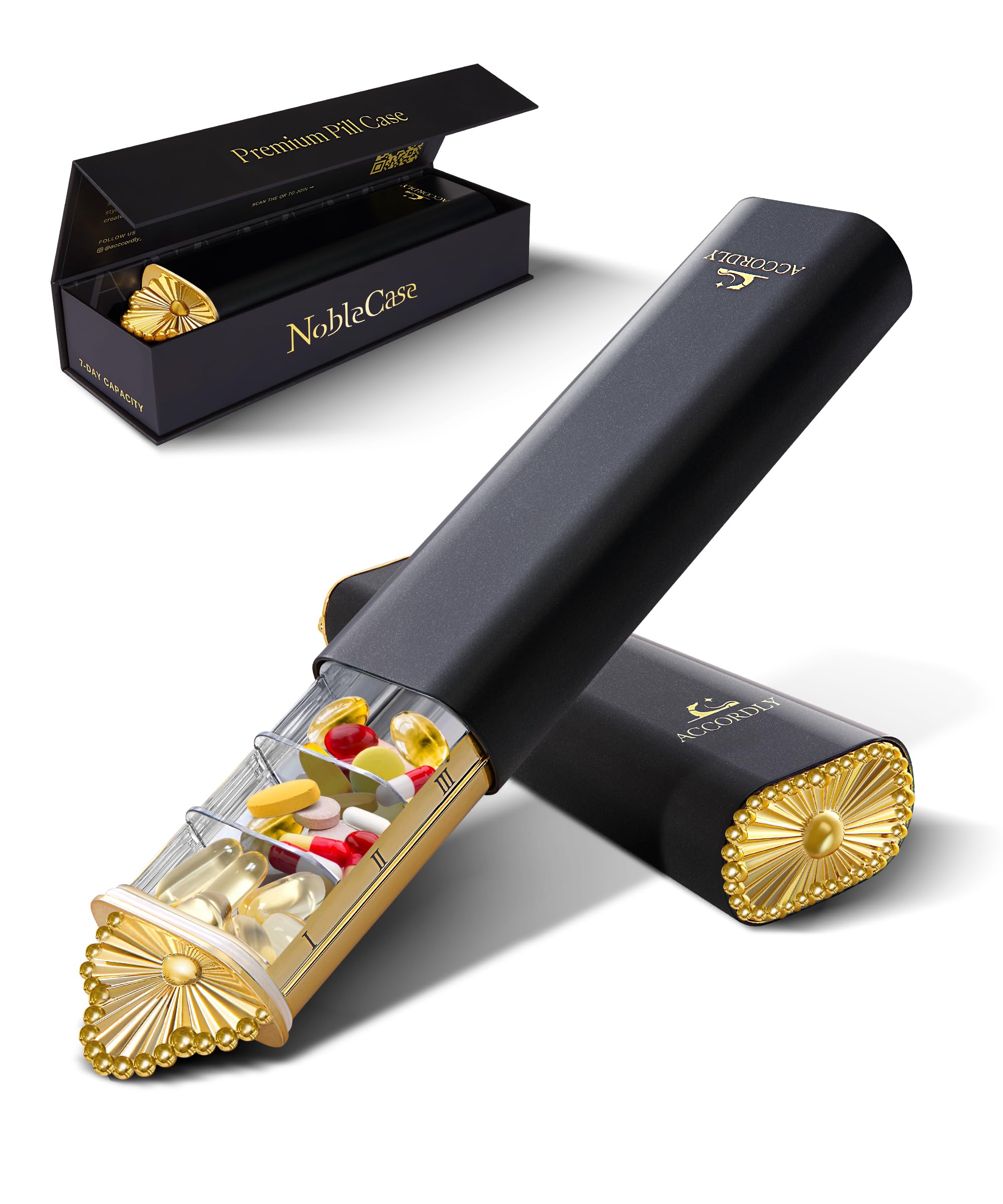 Accordly Premium Weekly Pill Organizer, 7-Day Compact Pill Case for Purse, Lightweight Gold Aluminum Pill Box for Vitamins, Medicine, Supplements,