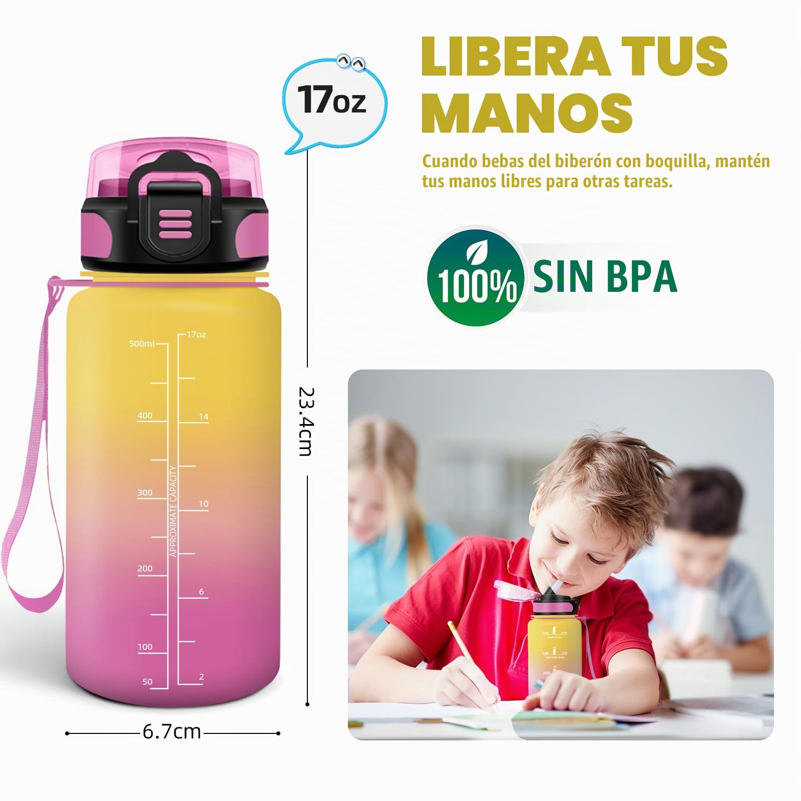 HoneyHolly Botella Agua, 500 ml con Pajita, Botella de Agua, Prueba de Fugas, Botella Agua Niños Colegio, Libre de BPA, Cantimplora para Niños, Deporte, Running, Gimnasio, Bicicleta