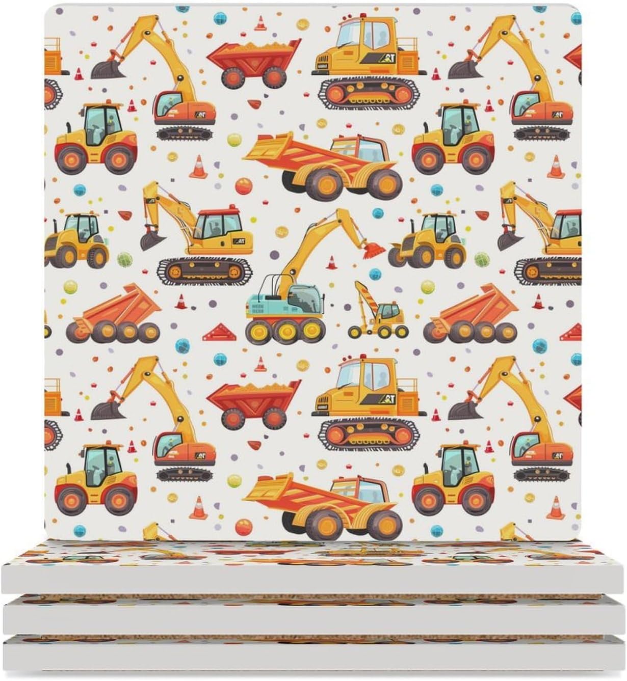 Cartoon Excavator Coaster for Drinks Square Ceramic Table Coasters Stone Mat Crafts 6PCS Home Kitchen Decor