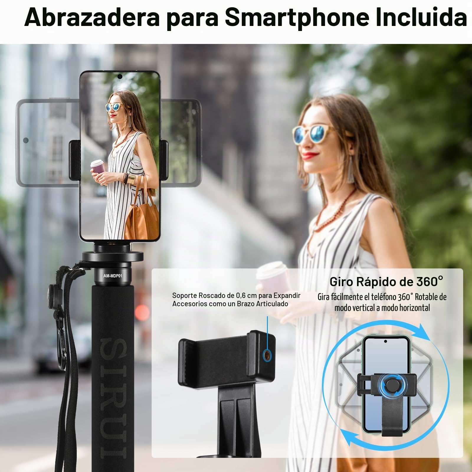 SIRUI Monopié de Fibra de Carbono para Cámaras, 65" Compacto Ligero Monopié de Viaje, 5 Secciones, Soporte para Teléfono Incluido, Carga hasta 22lbs/10kg, AM-MDP01