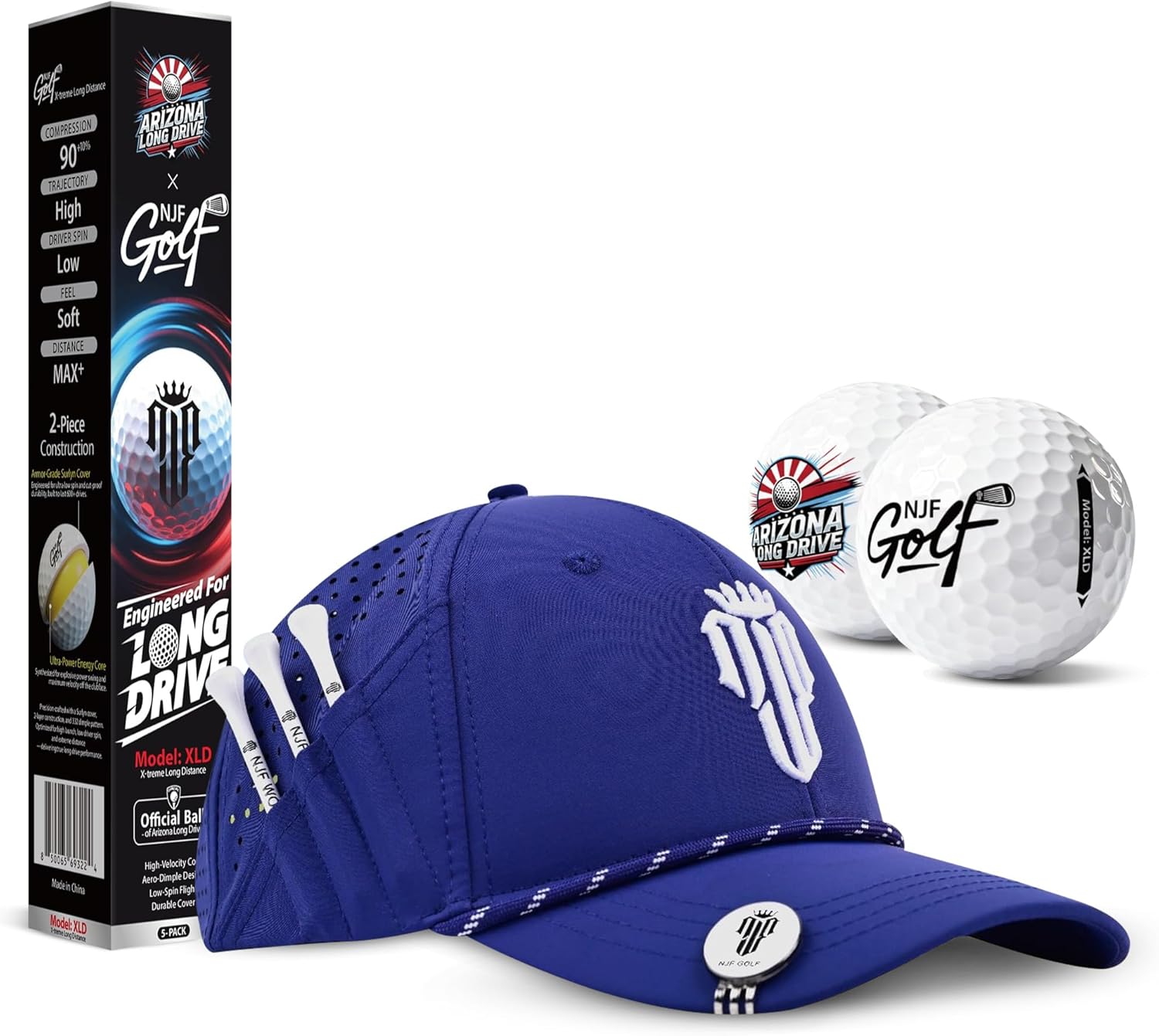 NJF Golf™ Hat & XLD Golf Ball Deals, Adjustable Navy Blue Cap for Men & Women with Tee Holder + 5-Pack Extreme Long Distance Golf Balls, Soft Feel Low Spin in Black Box, Ideal Gift for Golfer Bundle
