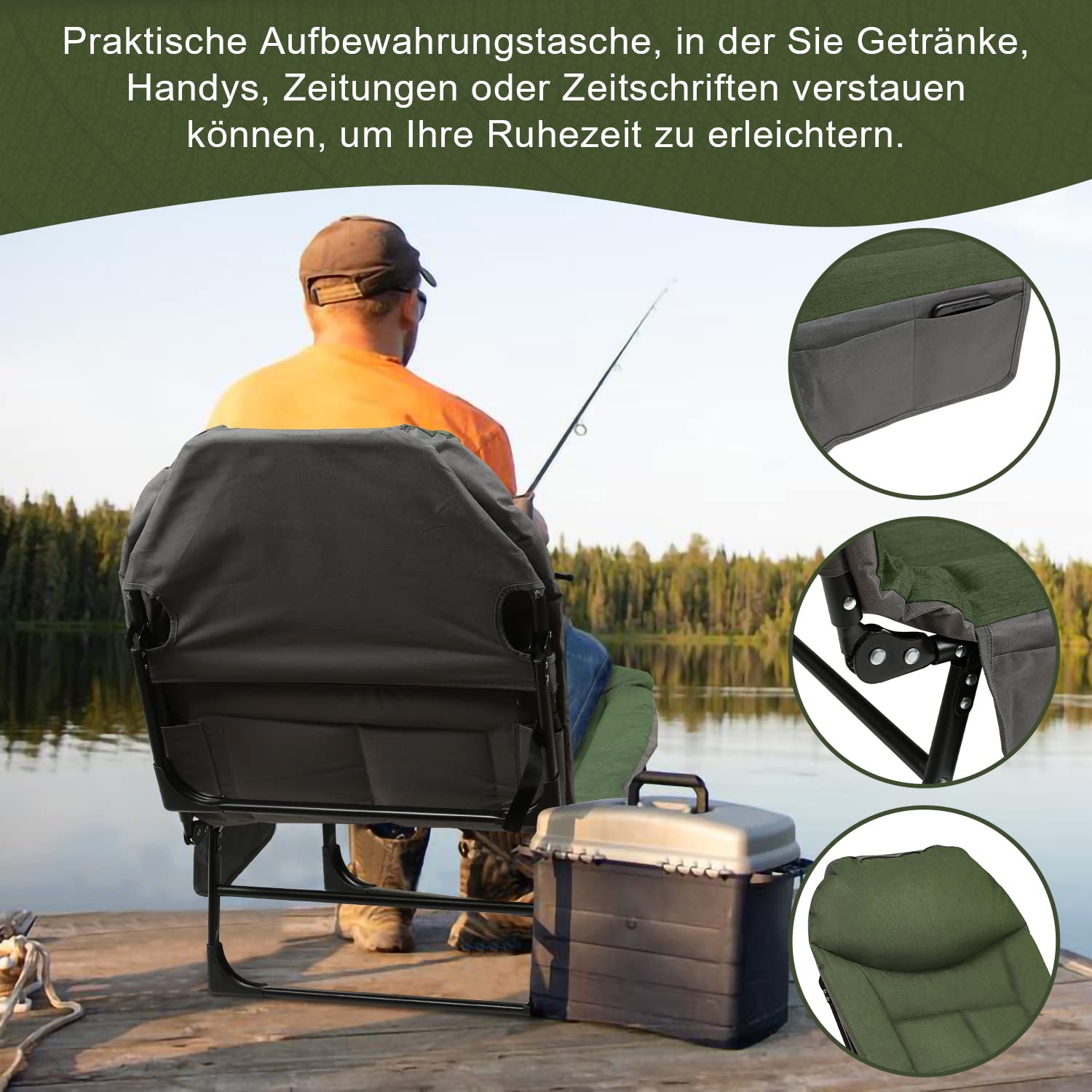 Angelsport Karpfenliege 195 x 65 x 32 cm Angelliege bis 160KG Campingliege Höhenverstellbare Faltbares Feldbett mit Tragetasche Fischerliege für Camping, Angeln, Gärten Grün