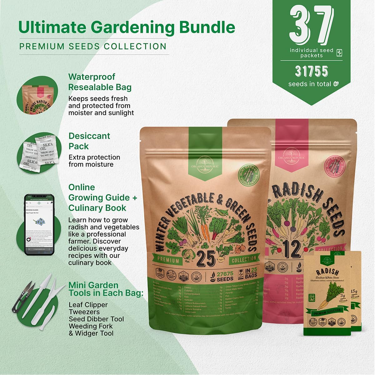 Organo Republic 25 Winter Vegetable & Greens and 12 Radish Seeds Variety Pack Bundle, 30,000+ Non-GMO Heirloom Garden Seeds for Planting Vegetables and Radishes for Indoor & Outdoor Gardening