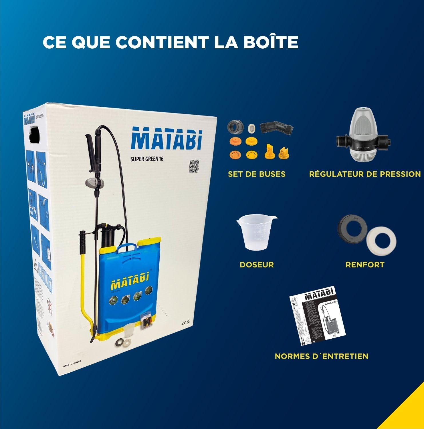 Matabi pulvérisateur de jardin Super Green 16L – Lance fibre de verre – Buses interchangeables – Régulateur de pression – Sangles rembourrées – Réservoir translucide