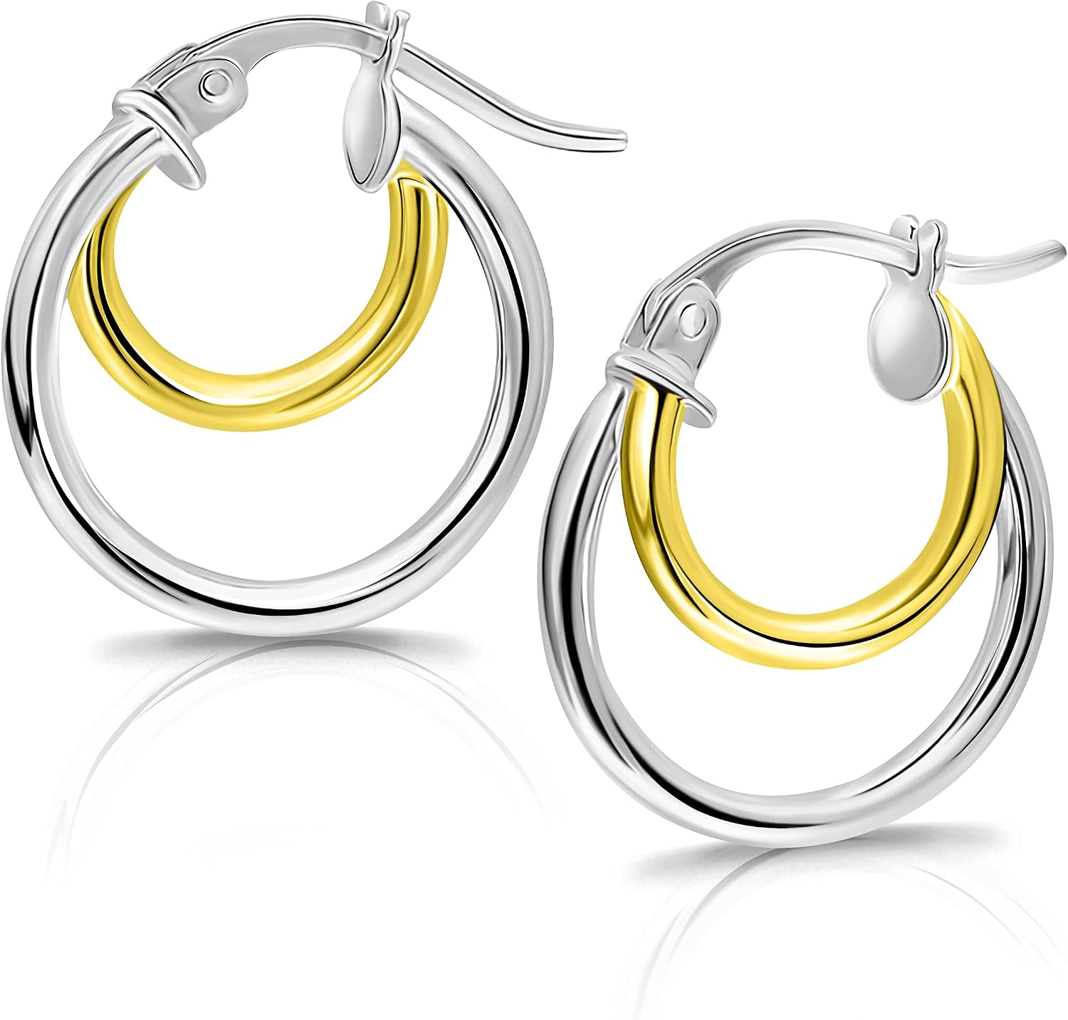 Sterling Silver Polished Finish Double Circle Round-Tube Hoop Earrings, 15mm Diameter.