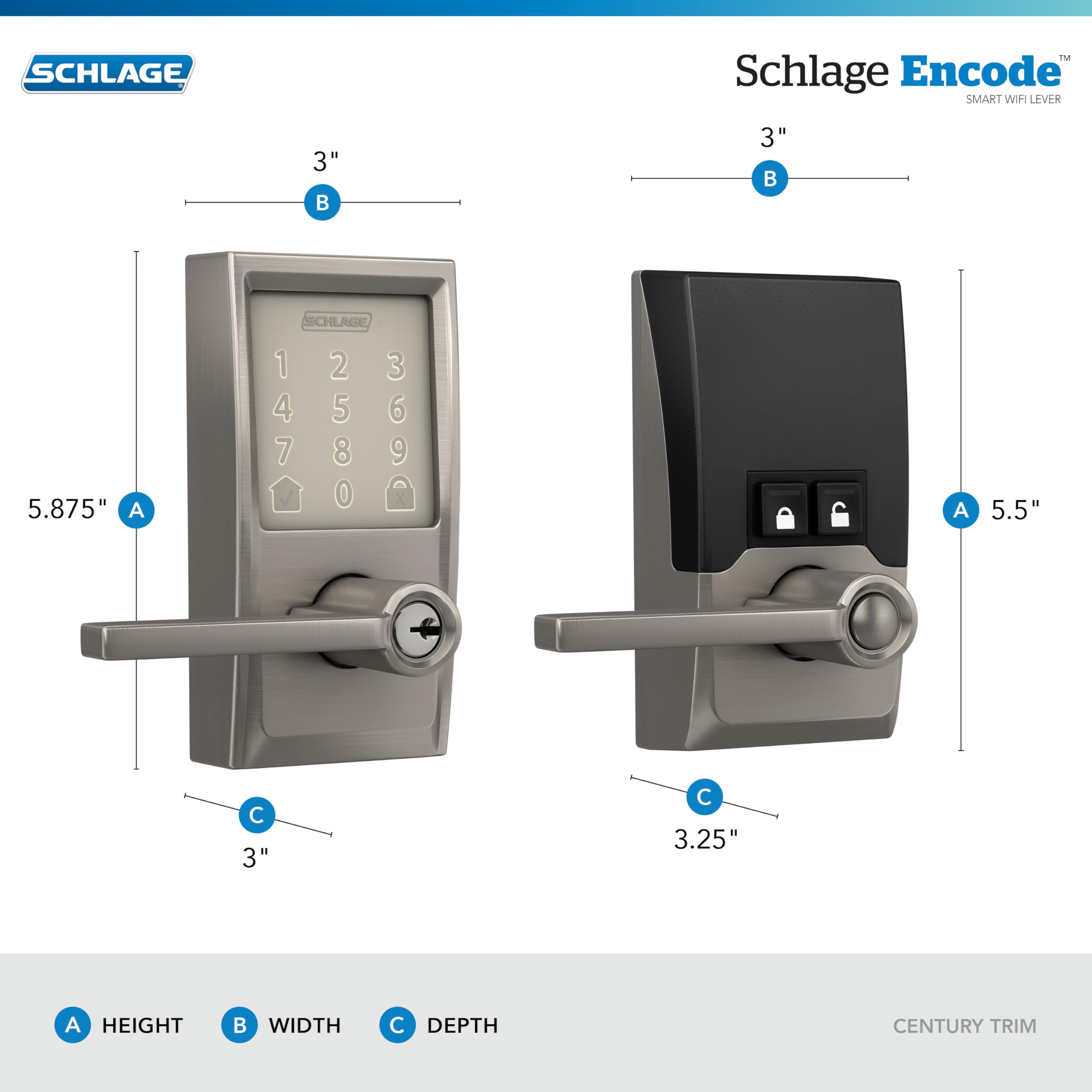 Schlage Encode Smart WiFi Lock Lever Handle Camelot Trim Satin Nickel | Keyless door lock with handle Touchscreen keypad App control Alexa Google Ring & Airbnb compatible Certified security product thumbnail 5
