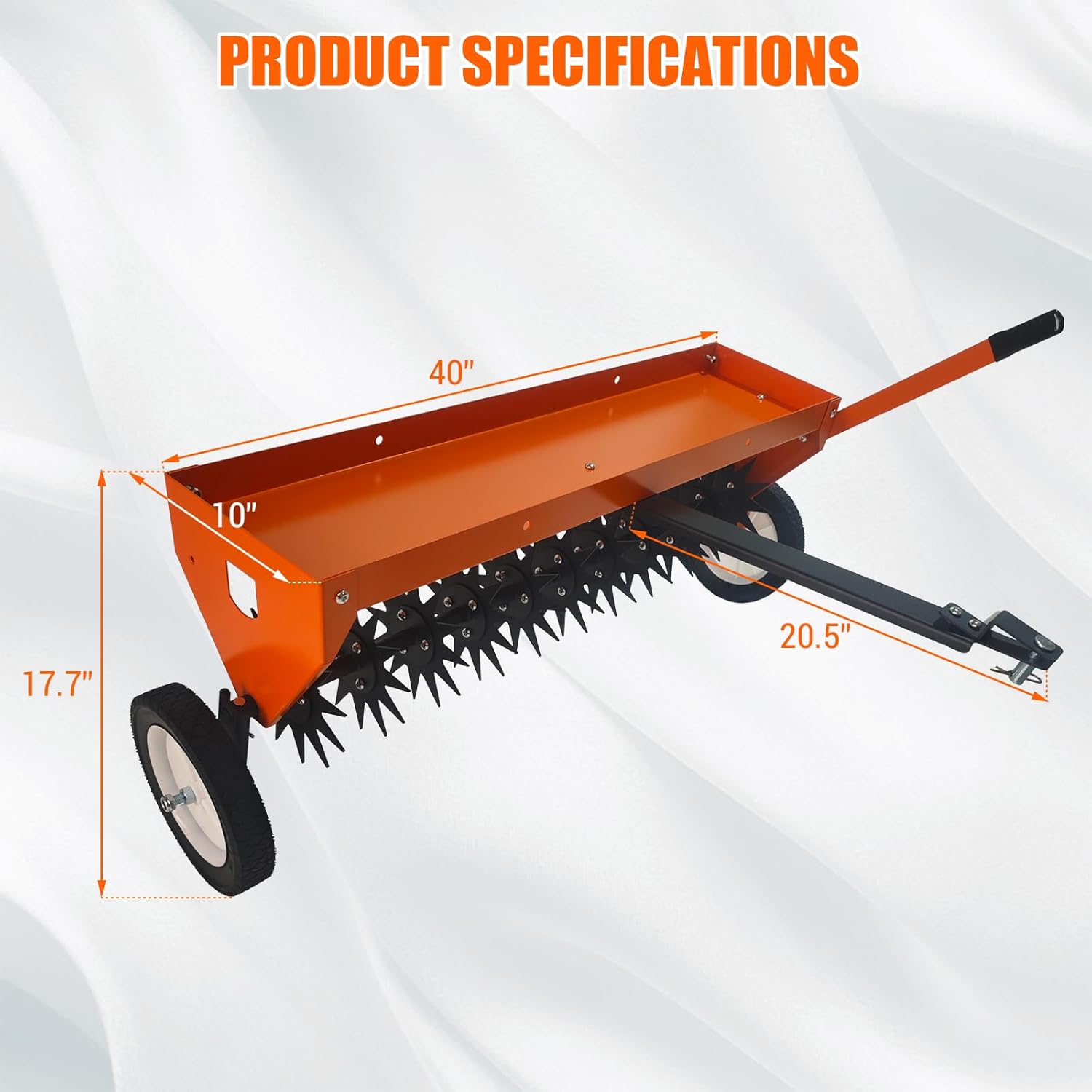 Tow Behind Aerator, 40" Tow Behind Spik Aerator with Transport Wheels, Steel Teeth, Tray, Pull Behind Aerator with Adjustable Handle for Farm, Lawn, Garden, Orange