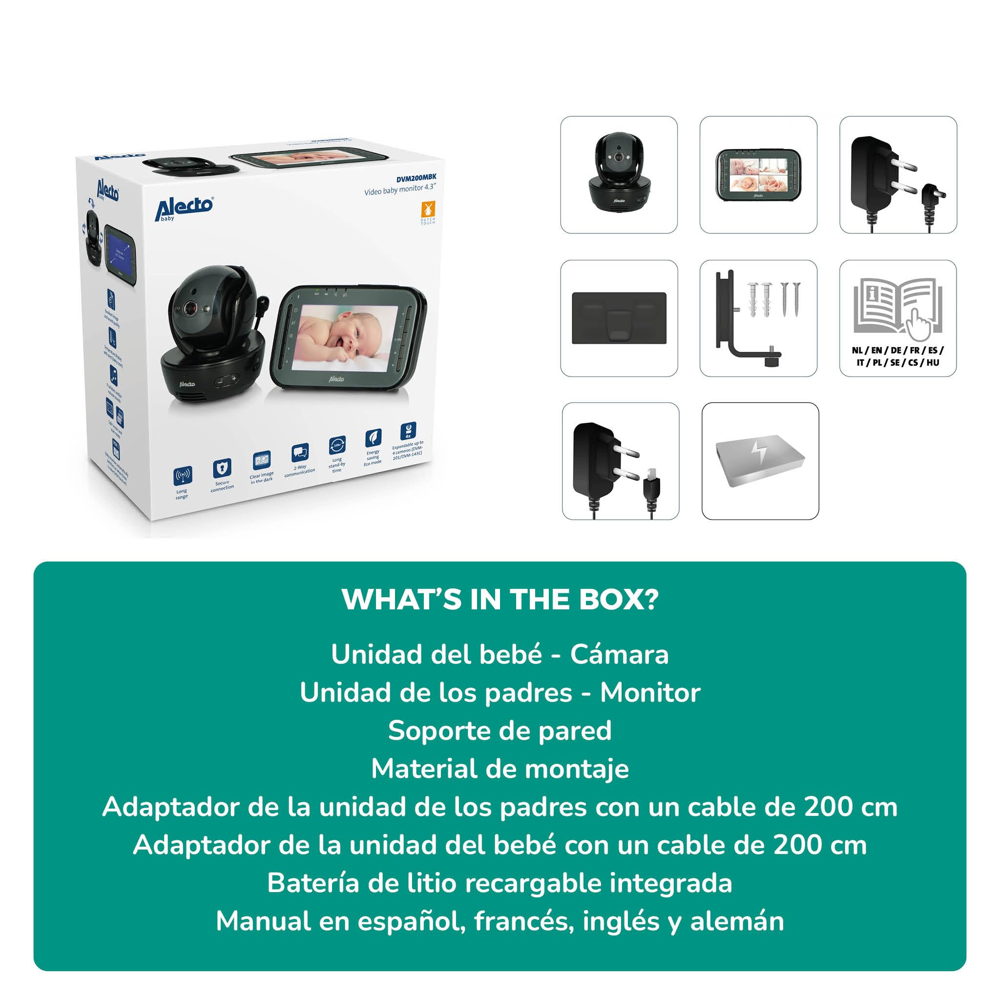 Alecto DVM200MBK Vigilabebés inalámbrico con cámara controlable - Vigilabebés 100% libre de interferencias - Monitor de bebé para interiores con visión nocturna y alto alcance de hasta 300 metros - 11