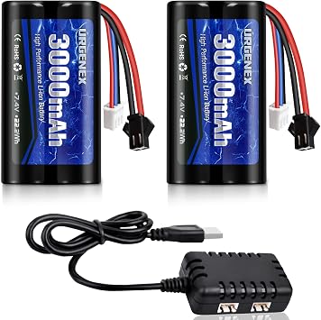 Li-ion Battery 7.4V 3000mAh High Capacity with SM-2P Plug 2S Rechargeable RC Battery Fit for WPL MN99 4WD High Speed RC Cars & Most 1/10, 1/12, 1/16 Scale RC Cars Trucks with 1TO2 USB Charger