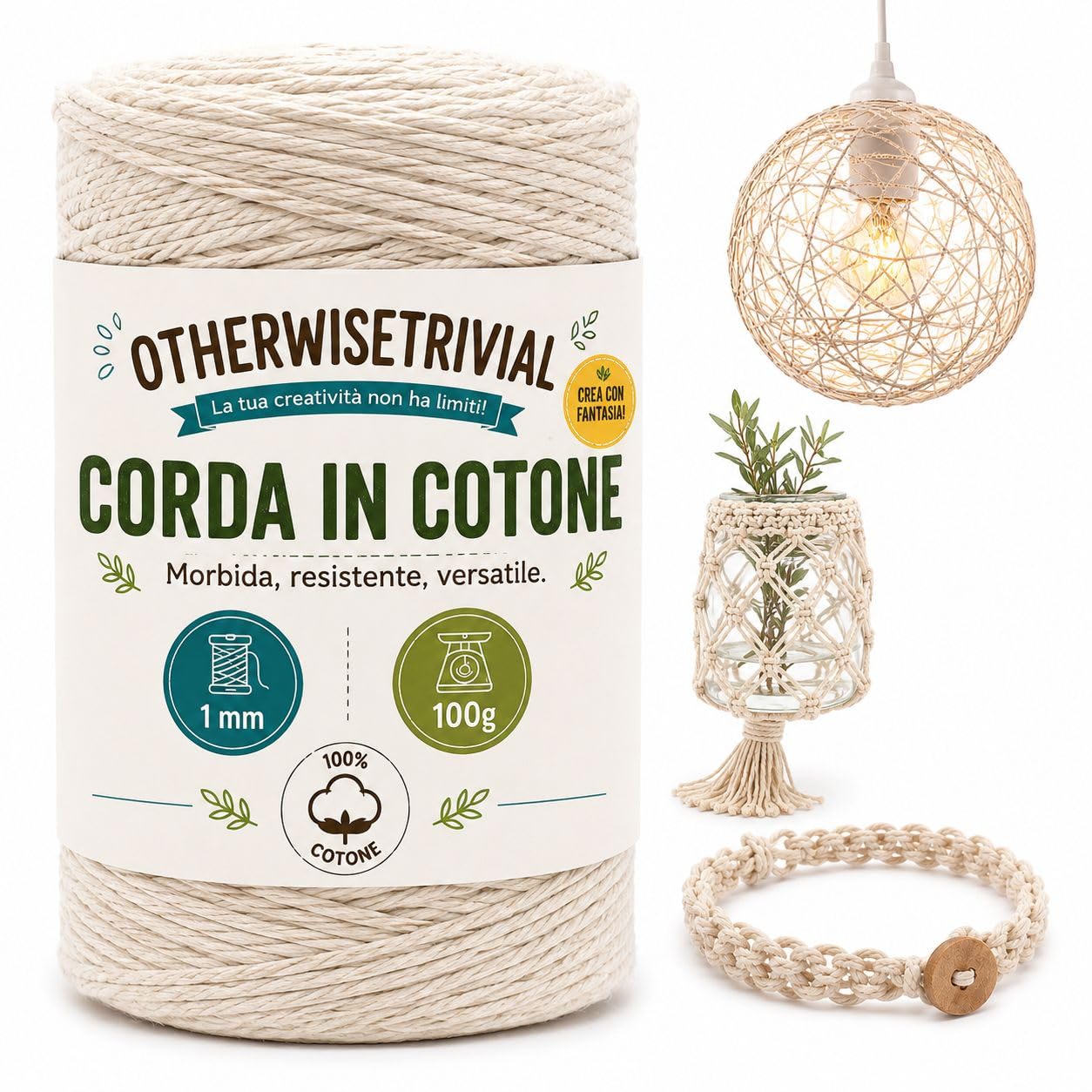 Spago in Cotone Naturale 1mm x 100g Bobina per Cucina Giardinaggio Fai da Te