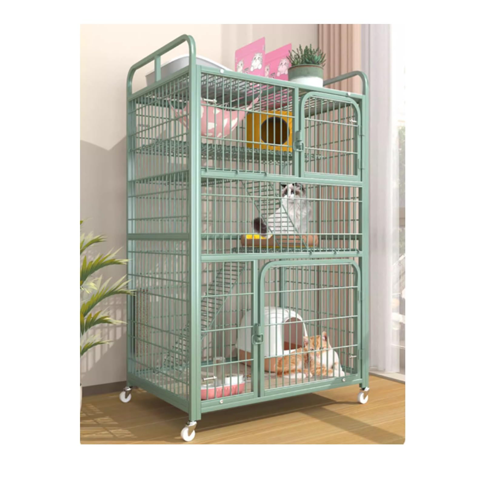Gabbia per gatti da interno con ruote girevoli, doppia porta e vassoio estraibile per gattini, design multilivello per un facile accesso e pulizia