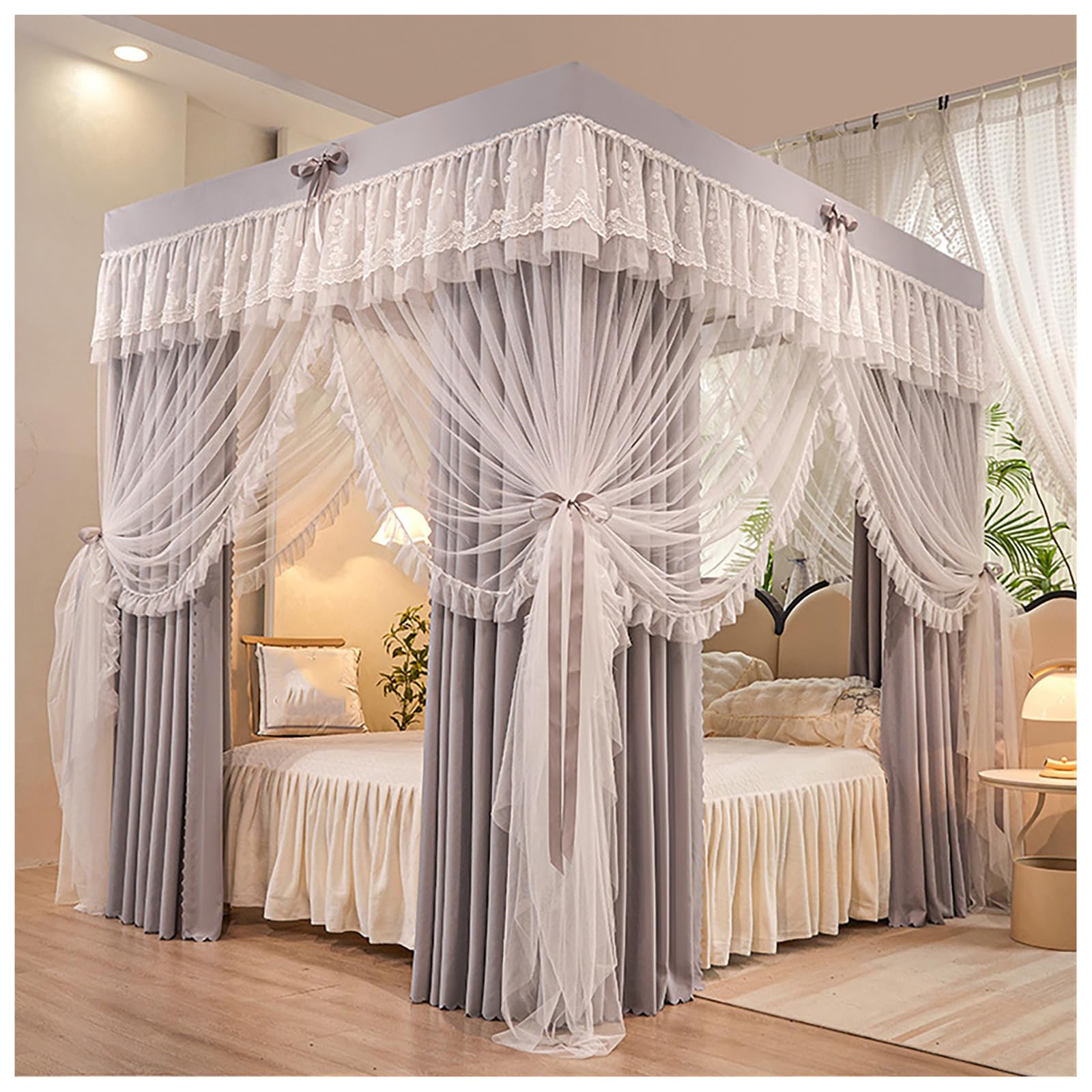 DOUZIO 4 Poster Bed Canopy with Frame – Princess Canopy for Girls Bedroom Decor, Mosquito Net Bed Canopy Set with Curtains, Fits Double/King/Super King Size Bed(Size:150×200cm,Color:Gray)