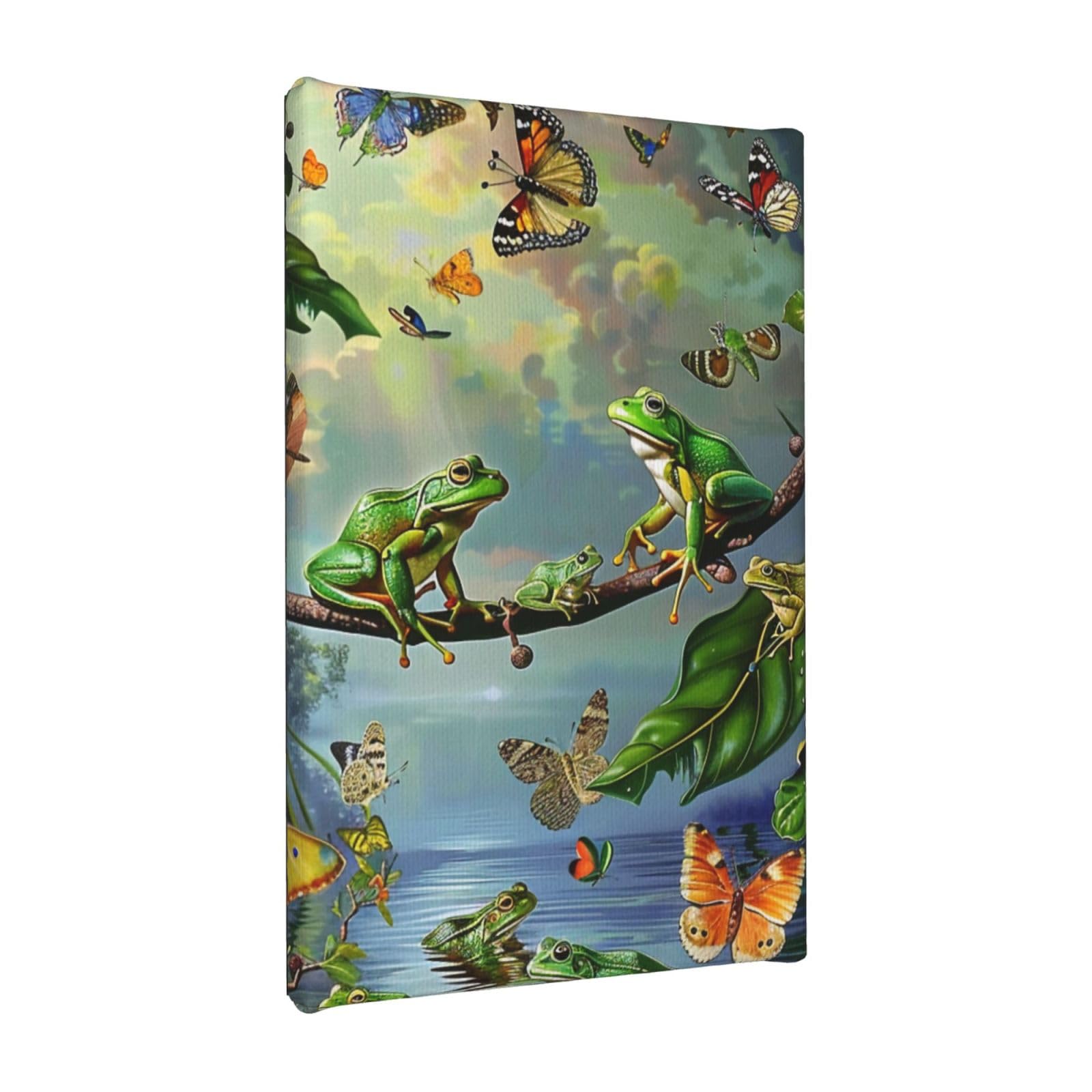 YKLJG Many Frogs Sing on The Branches Butterflies Printed Wall Art Canvas Painting 20x30 CM Wooden Framed Picture Painting Artwork Prints for Bedroom Kitchen Home Office Decor