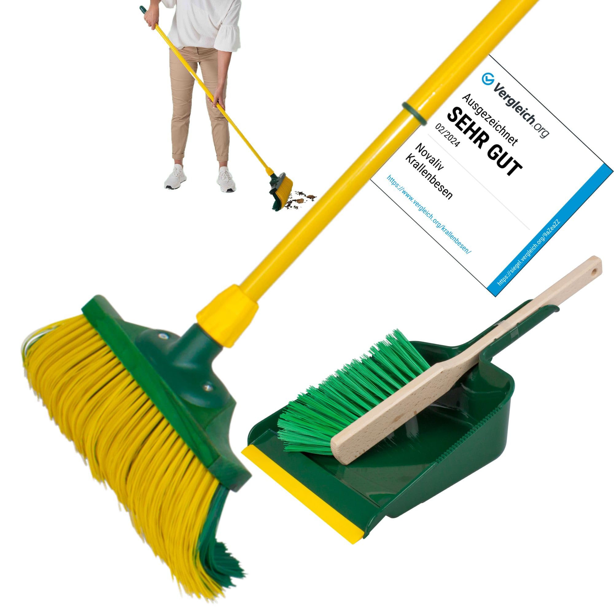 Novaliv - Juego de Escoba para Garra, 30 cm, Madera con Mango telescópico, cerdas curvadas con recogedor, Escoba de jardín, Escoba para Carretera, Escoba barredora