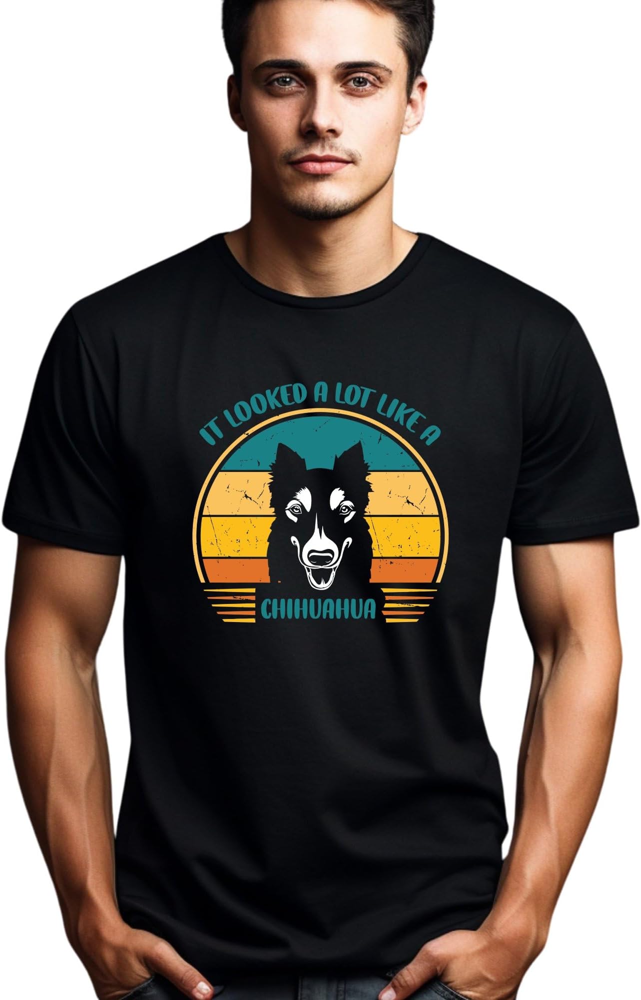 Seek Buy Love Vintage Chihuahua Silhouette Tee, Retro Sunset Design, Dog Lover Shirt, Graphic Unisex T-Shirt