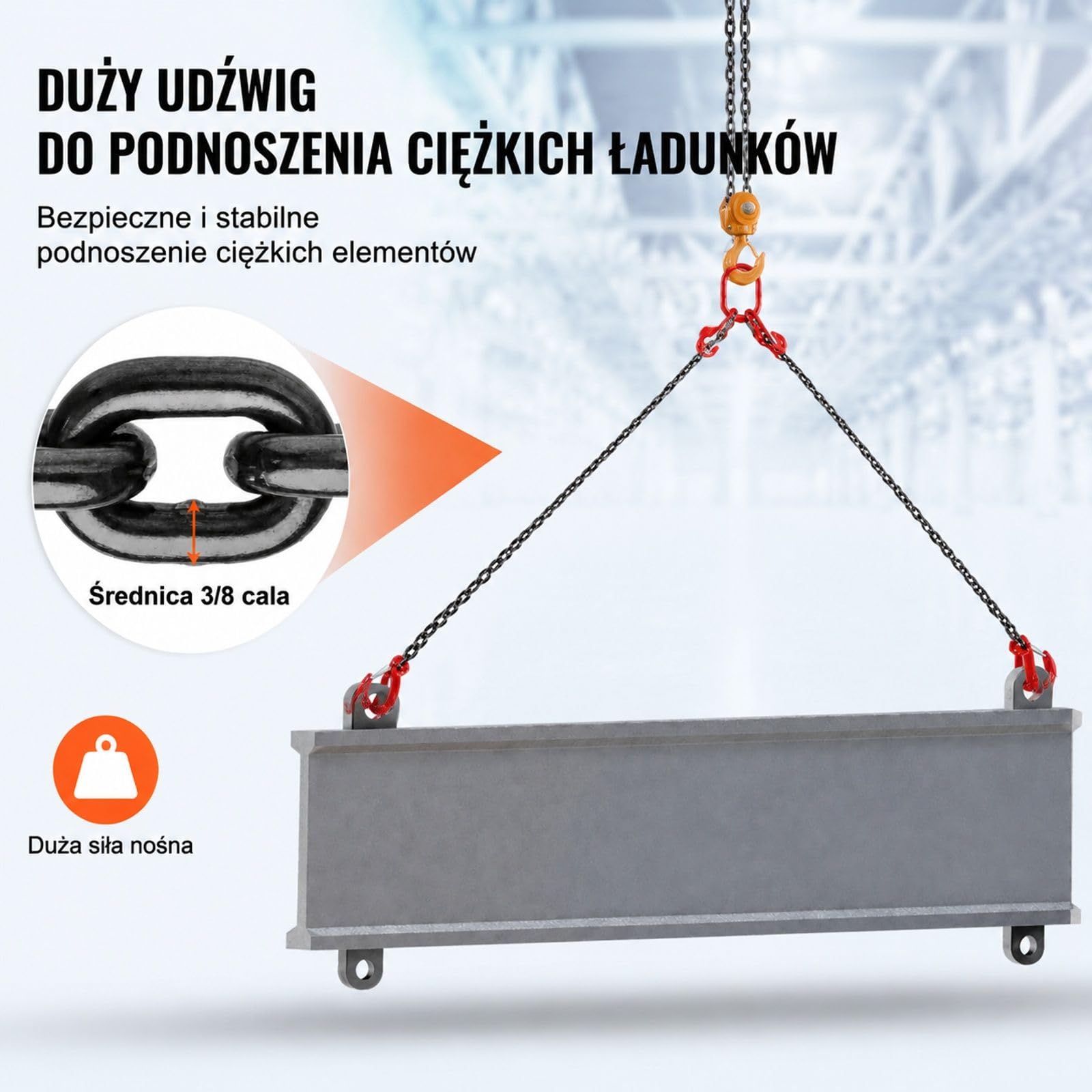 Zawiesie łańcuchowe dwucięgnowe z hakami chwytającymi do holowania, podnoszenia i prac leśnych