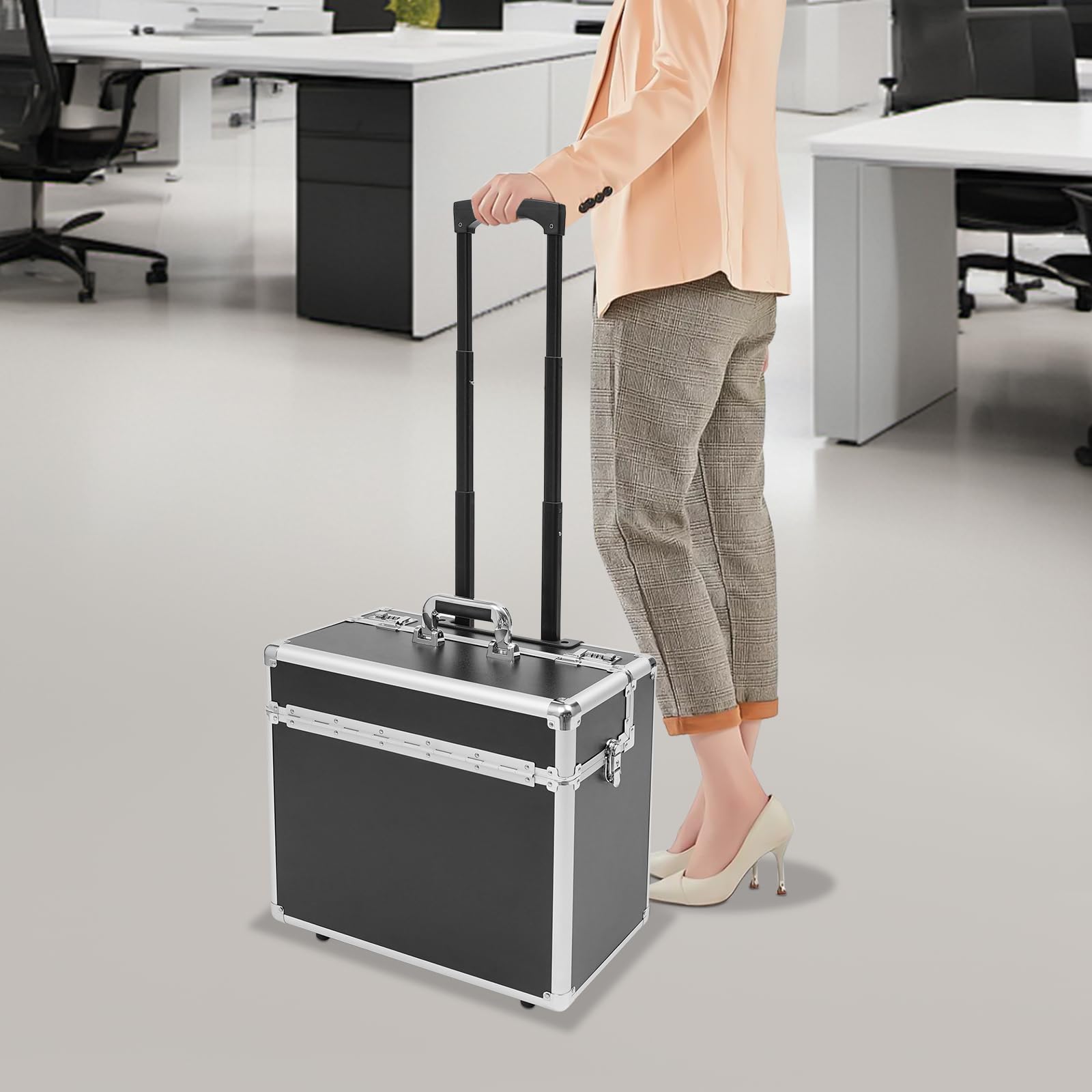 Pilotenkoffer mit Rollen, Rollbarer Aktenkoffer aus Aluminiumlegierung, Laptop Rollkoffer mit Teleskopstang, Abschließbarer Business Trolley, 48.5x23x39 cm (Schwarz)