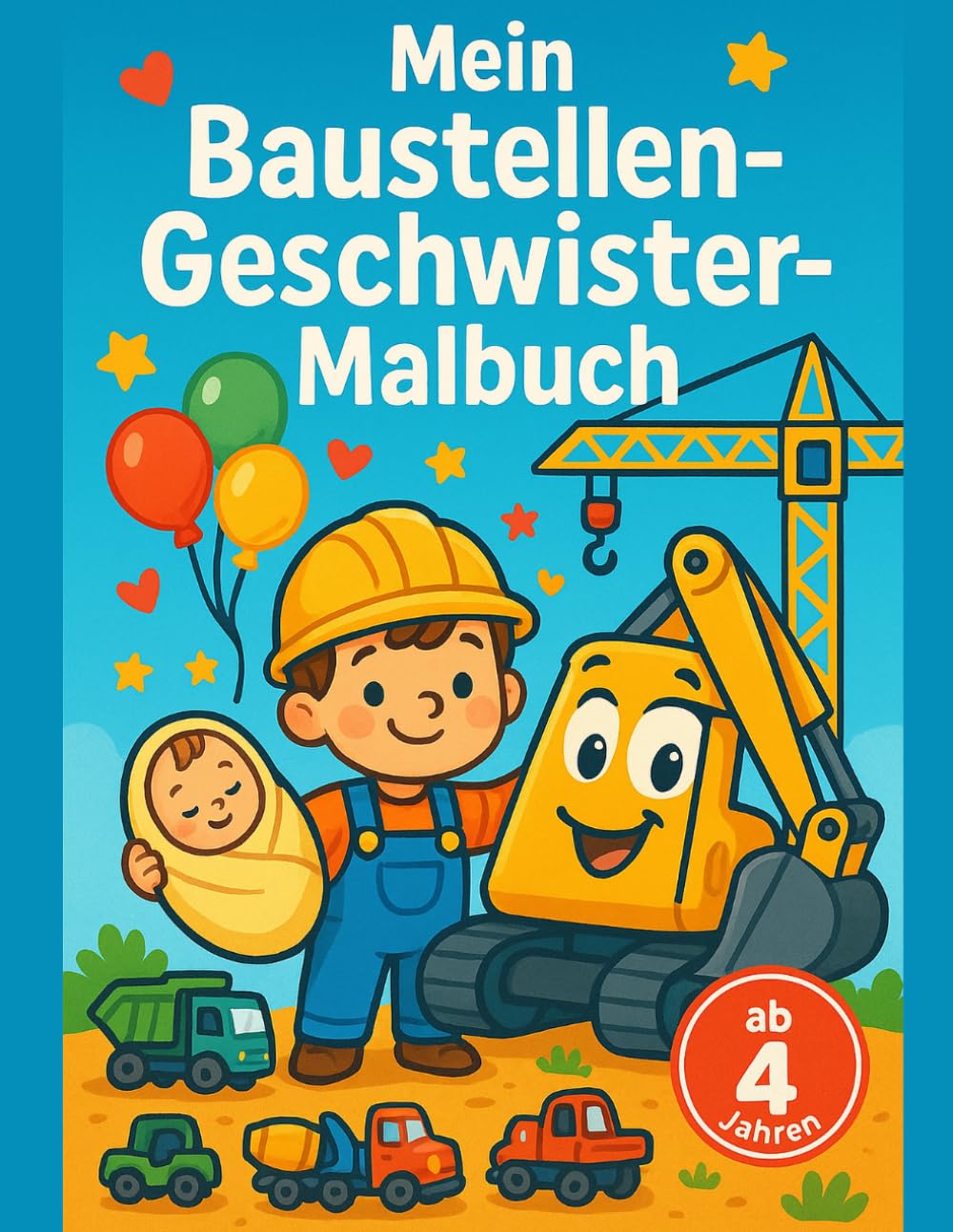 Mein Baustellen-Geschwister-Malbuch: Großes Malbuch für Kinder ab 4 Jahren – einfache Ausmalbilder für Vorschulkinder mit dicken Linien, Baustellenfahrzeugen und liebevoller Geschwistergeschichte