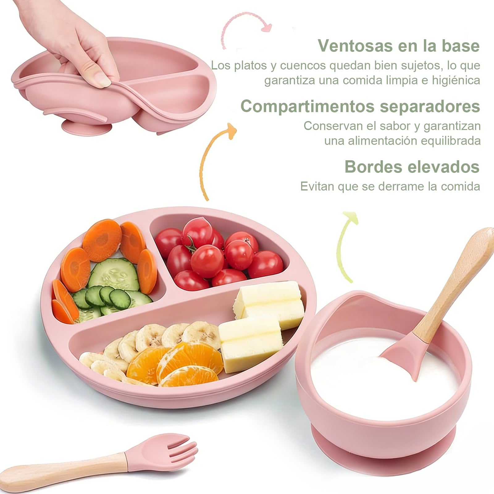 Juego de vajilla infantil de silicona, 8 piezas (plato de bebé con ventosa, cuchara, tenedor, cuenco, babero, vaso), sin BPA, lavavajillas y microondas, azul (rosa)