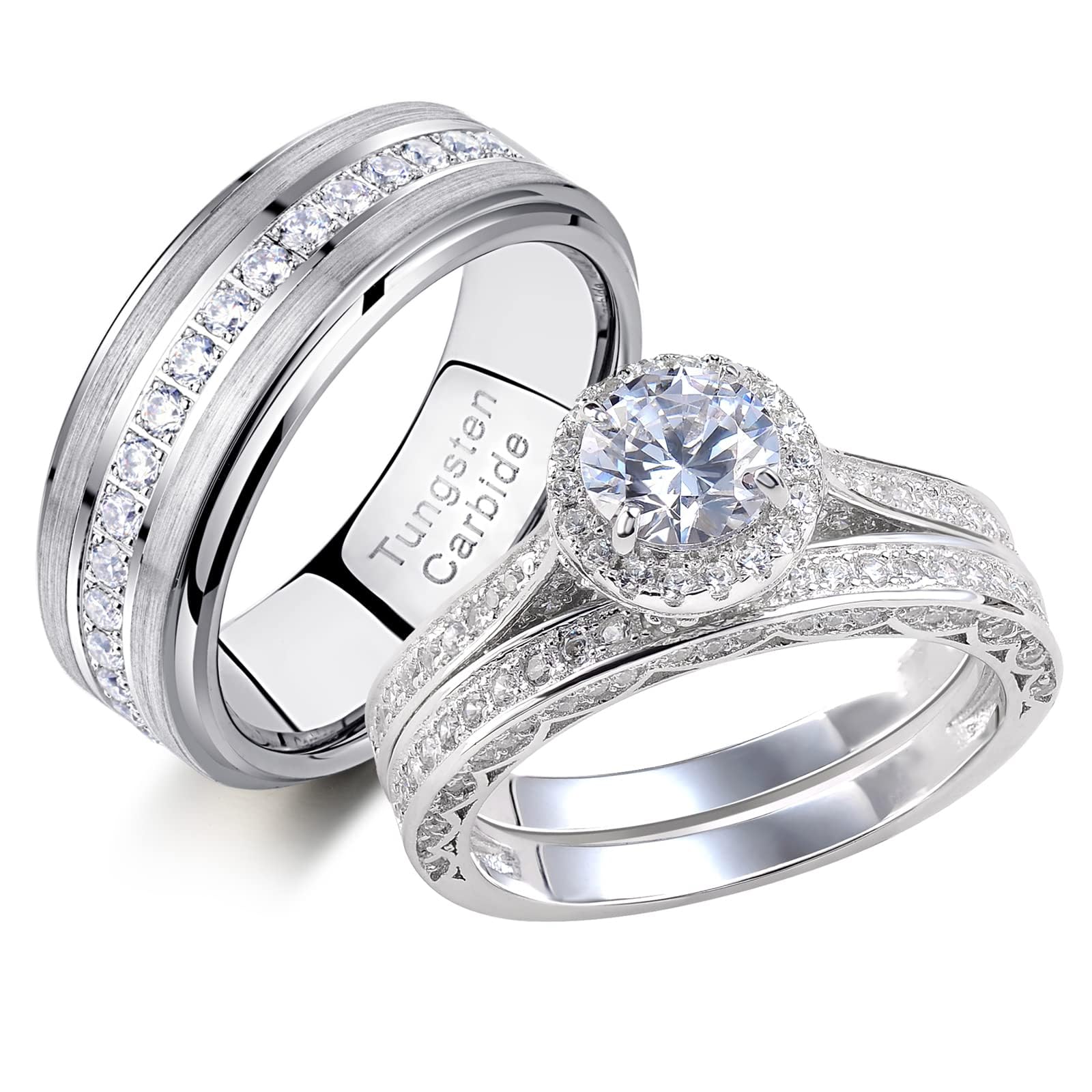 Newshe Jewellery Wedding Rings Set for Him and Her Women Mens Tungsten Bands Cubic Zirconia Round 925 Sterling Silver