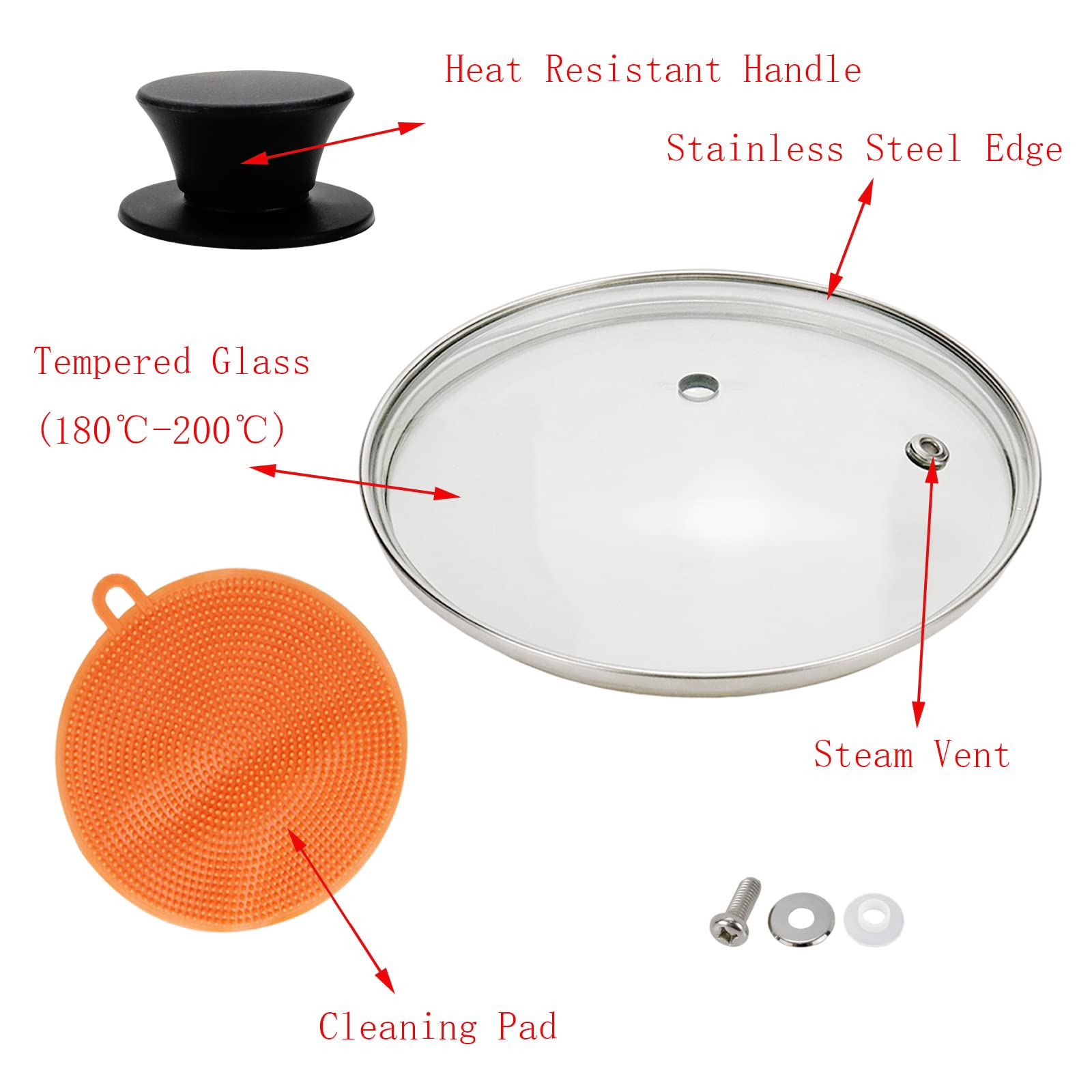 Geesatis Cubierta universal de vidrio templado de 8 pulgadas, mango de silicona resistente al calor, para la mayoría de sartenes, ollas, 1 juego, con almohadilla de limpieza