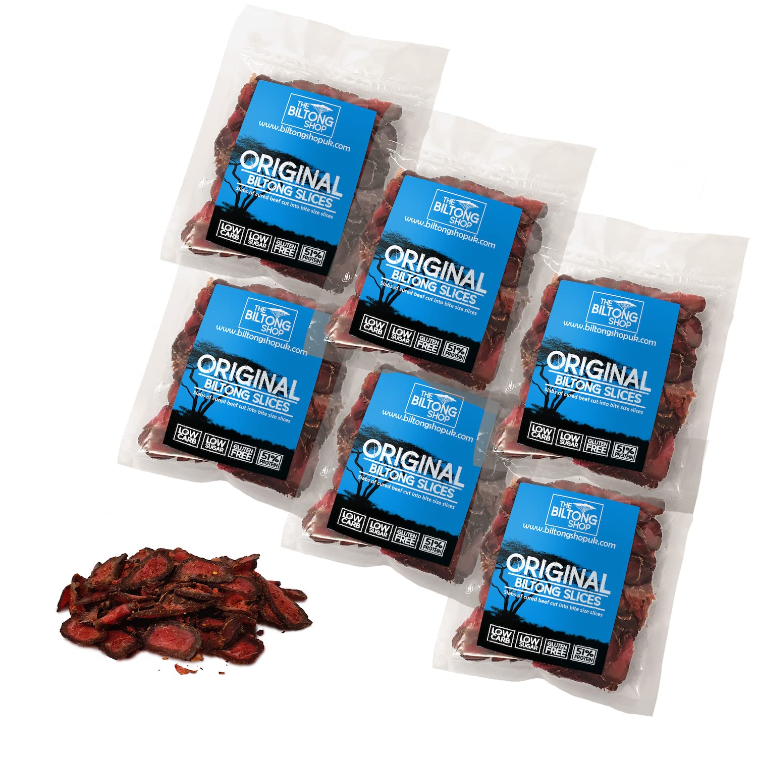 THE BILTONG SHOP - 6 x 58g bags Original flavour British Beef Biltong slices. High Protein Savoury Low Carb Snack