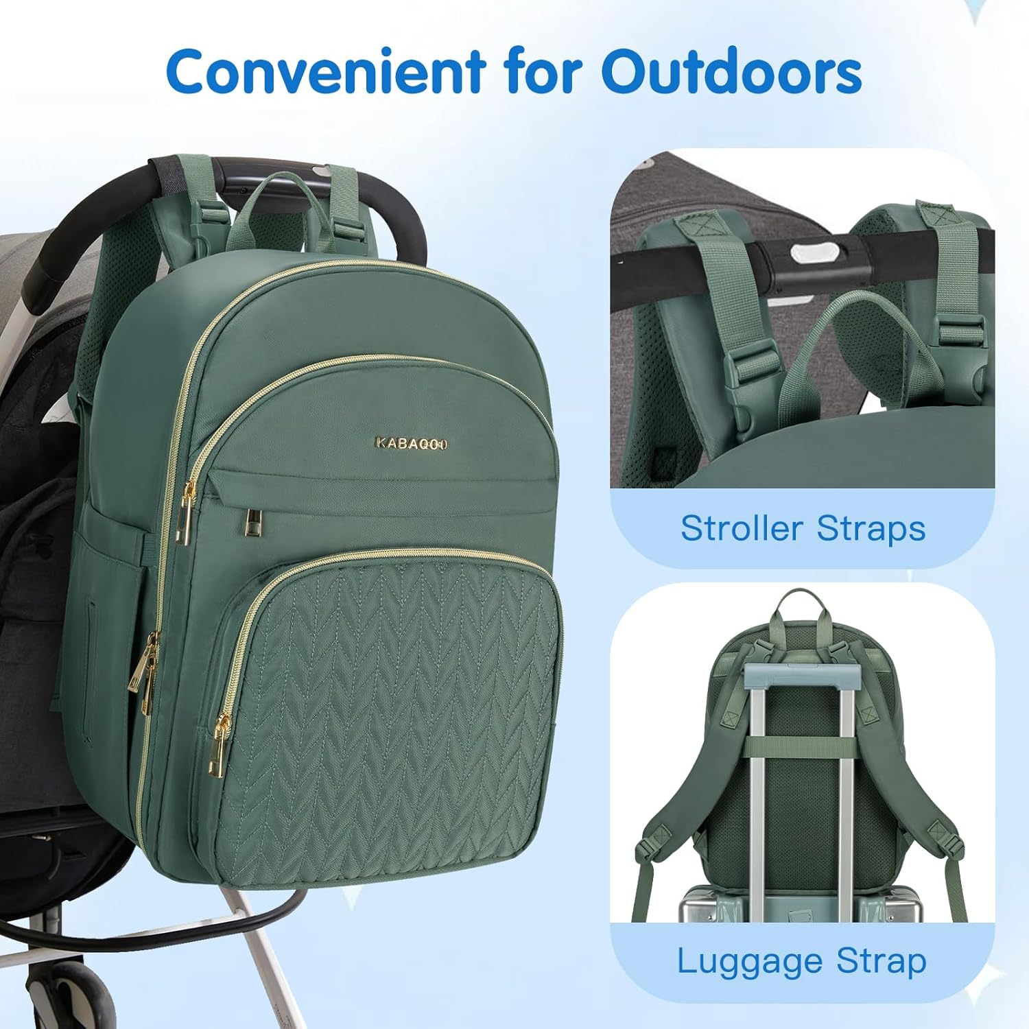 KABAQOO Baby Diaper Bag Backpack, Waterproof Diaper Backpack for Mom & Dad with Changing Pad, Insulated Pockets and Stroller Straps, Baby Shower Gifts for Girls & Boys, Sage