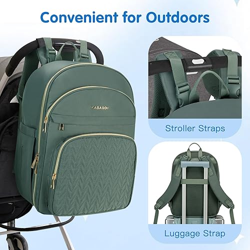 Miniatura 7 de KABAQOO Mochila para pañales de bebé, mochila impermeable para pañales para mamá y papá con cambiador, bolsillos aislados y correas para cochecito,