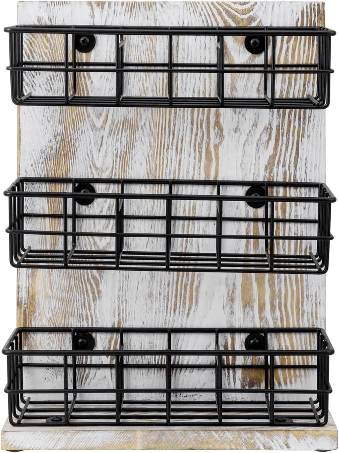 MyGift Tea Bag Organizer Wall Mounted with 9 Compartment, Countertop Tea Bag Holder Storage Stand, White Washed Solid Wood Coffee Bar Shelf with 3 Tier Black Metal Wire