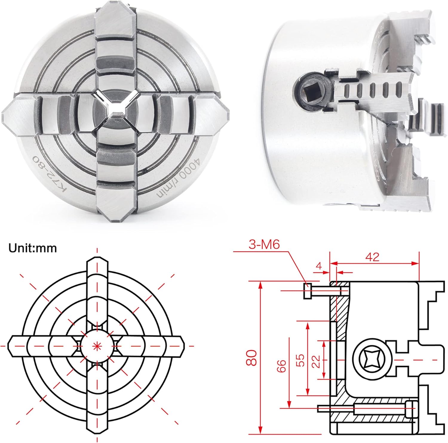 RATTMMOTOR 4-Jaw K72-80mm 3.15 Inch Independent Manual Metal Lathe Chuck Reversible Jaw 4000 r/min with Wrench for CNC Router/Lathes/Turning Machine