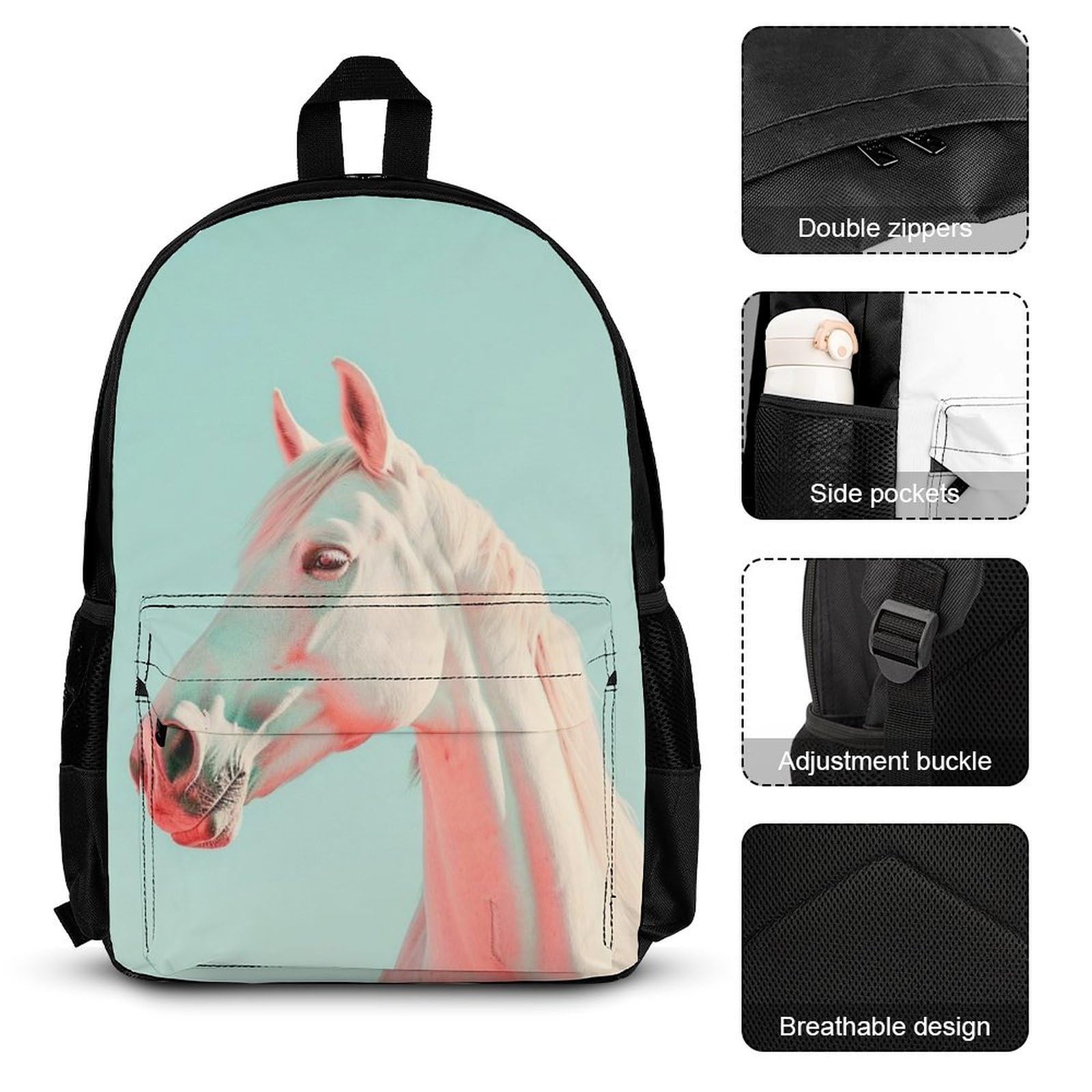Set de Mochila Caballo Estudiantes con Bolsa Térmica y Estuche, Mochila Escolar Animal Caballo Niña 8-12 Años para Escuela Primaria y Uso Diario
