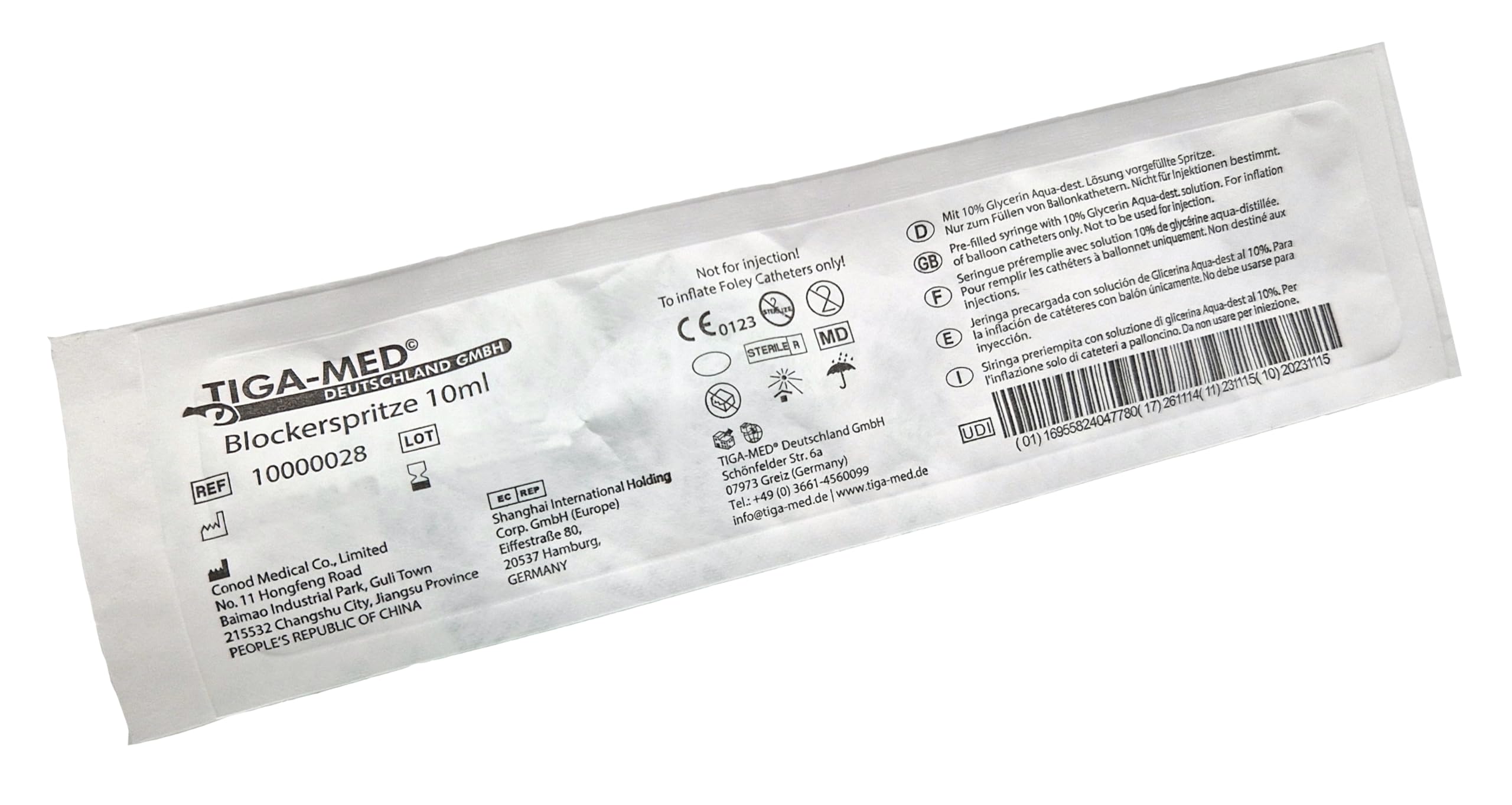 TIGA-MED Blockerspritze 10/20/50/100 Stück | 10ml Wasser/Glycerin Gemisch | für Ballonkatheter, Katheter, Harnblasenkatheter | Spritze Spritzen | einzeln steril verpackt (50 Stück)