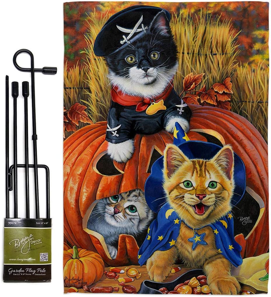 Breeze Decor GS112058-BO Kittens Fall Halloween Decorative Vertical Banner Pole, Garden Flag 13"x 18.5", Small Flag Set w Flagpole