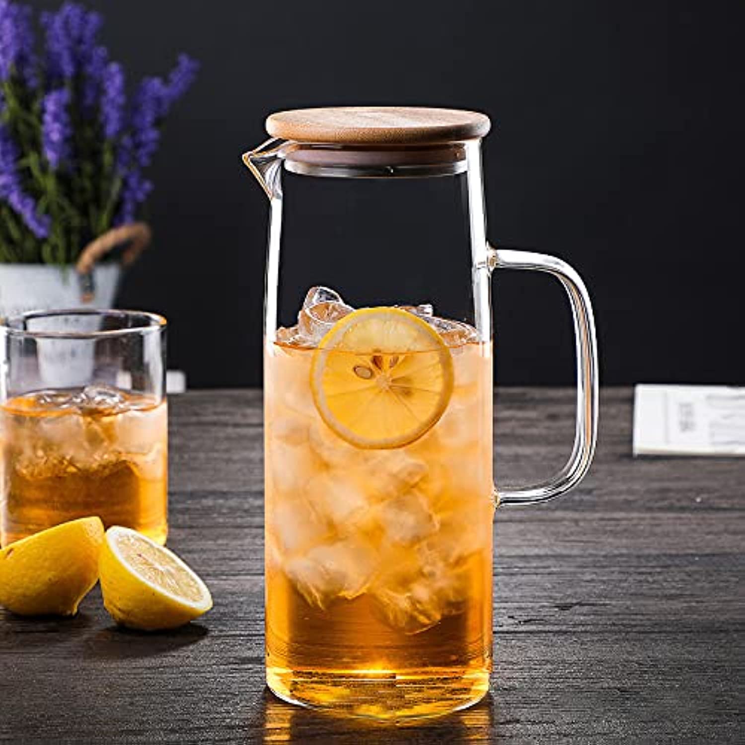 Glass Pitcher with Bamboo Lid - High Heat Resistance Stovetop Safe Pitcher for Hot/Cold Water & Iced Tea (1000ML 1500ML) (1500ml)