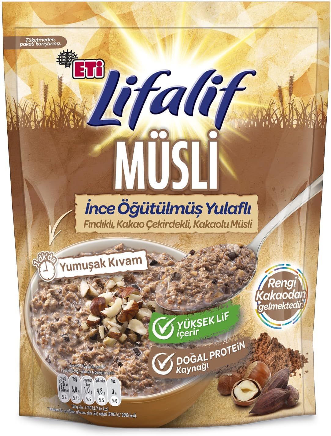 Eti Lifalif İnce Öğütülmüş Yulaflı Fındıklı, Kakao Çekirdekli, Kakaolu Müsli 250 g - Görsel 1