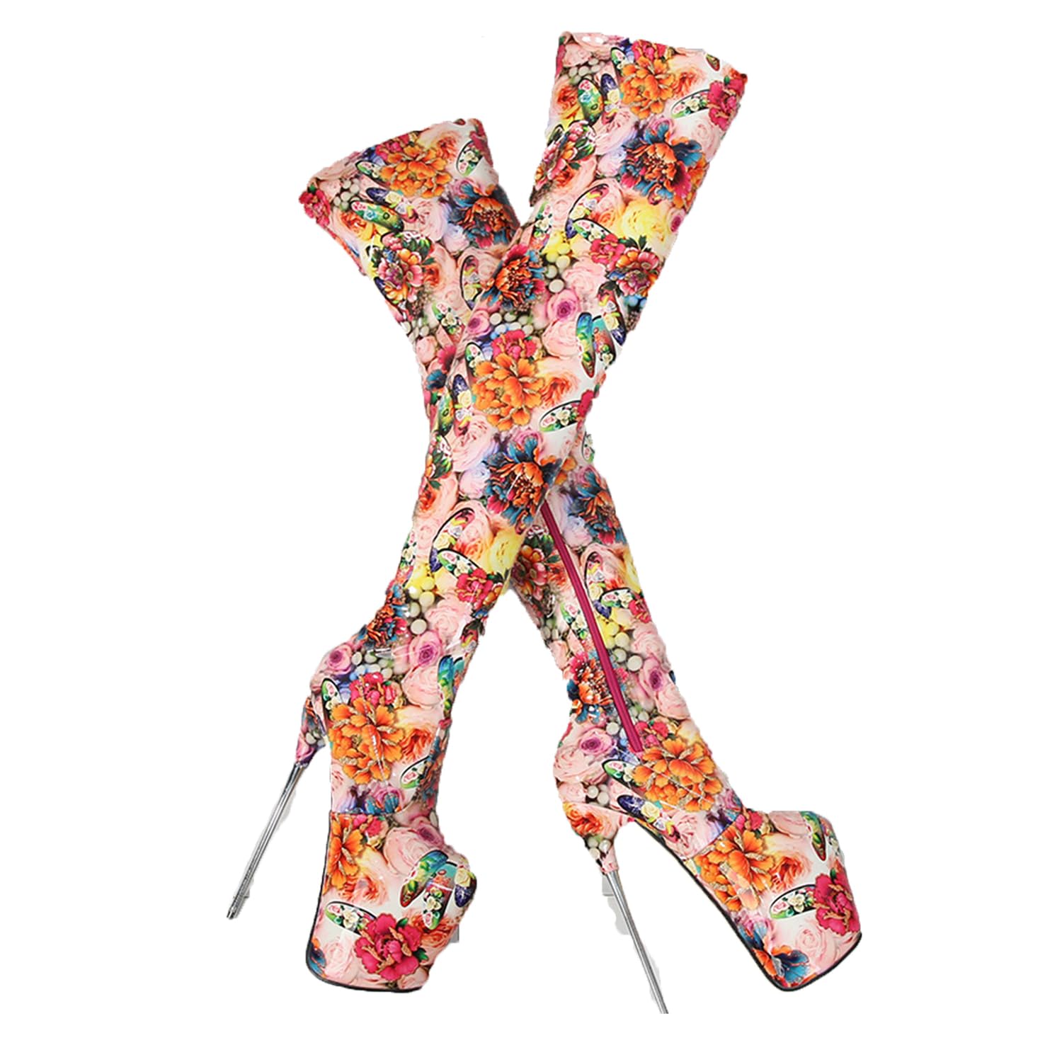WOilERQ Damen Overknee-Stiefel, Plateau-Stiletto-Absatz-Stiefeletten mit Reißverschluss, Ethno-Print, High Heels, sexy Fetisch-Pole-Dance-Stripper, Unisex-Schuhe
