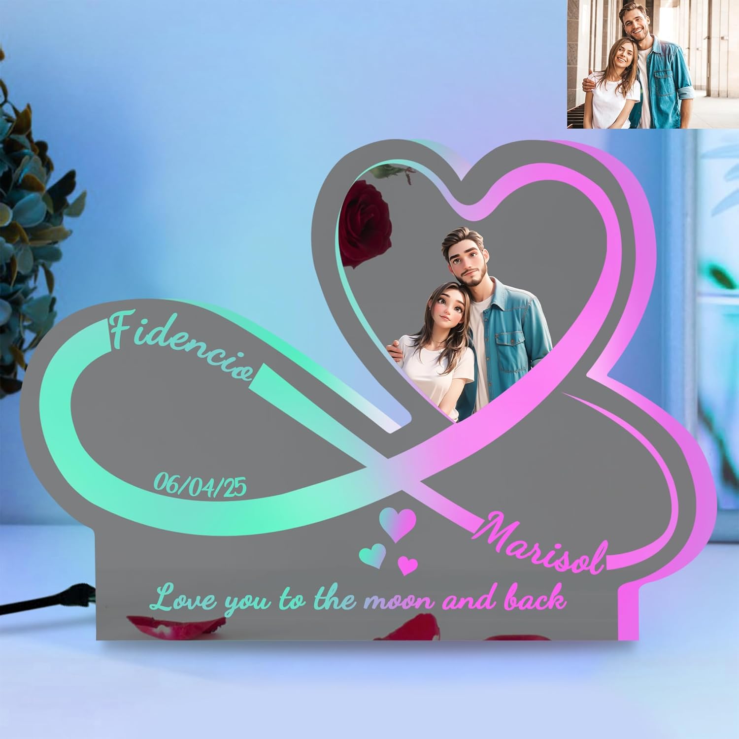 Personalized Couple 1-20 Photos Collage Alphabet Mirror Lamp Custom Name Letter Mirror Neon Sign Wall Art Decorion Gift for Valentine's Day Anniversary Birthday Wedding Wife (Style 1)