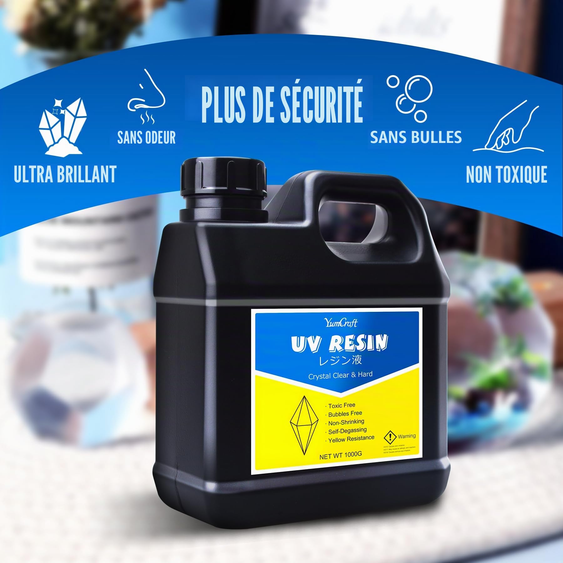 Résine UV Transparente 1000g, Résine Époxy Cristal Clair à Faible Viscosité & Sans Odeur, Durcissement Rapide pour Fabrication de Bijoux, Porte-clés, Moulage, Revêtement & Bricolage