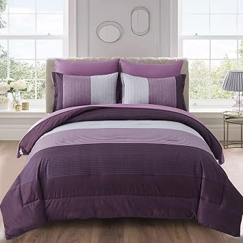 WONGS BEDDING Purple Comforter Set Queen, Reversible Purple Striped Patchwork Alternative Comforte Set for Queen Bed,3 Pieces1 Comforter+2 Pillowcases, Soft Microfiber Bedding Set 9090