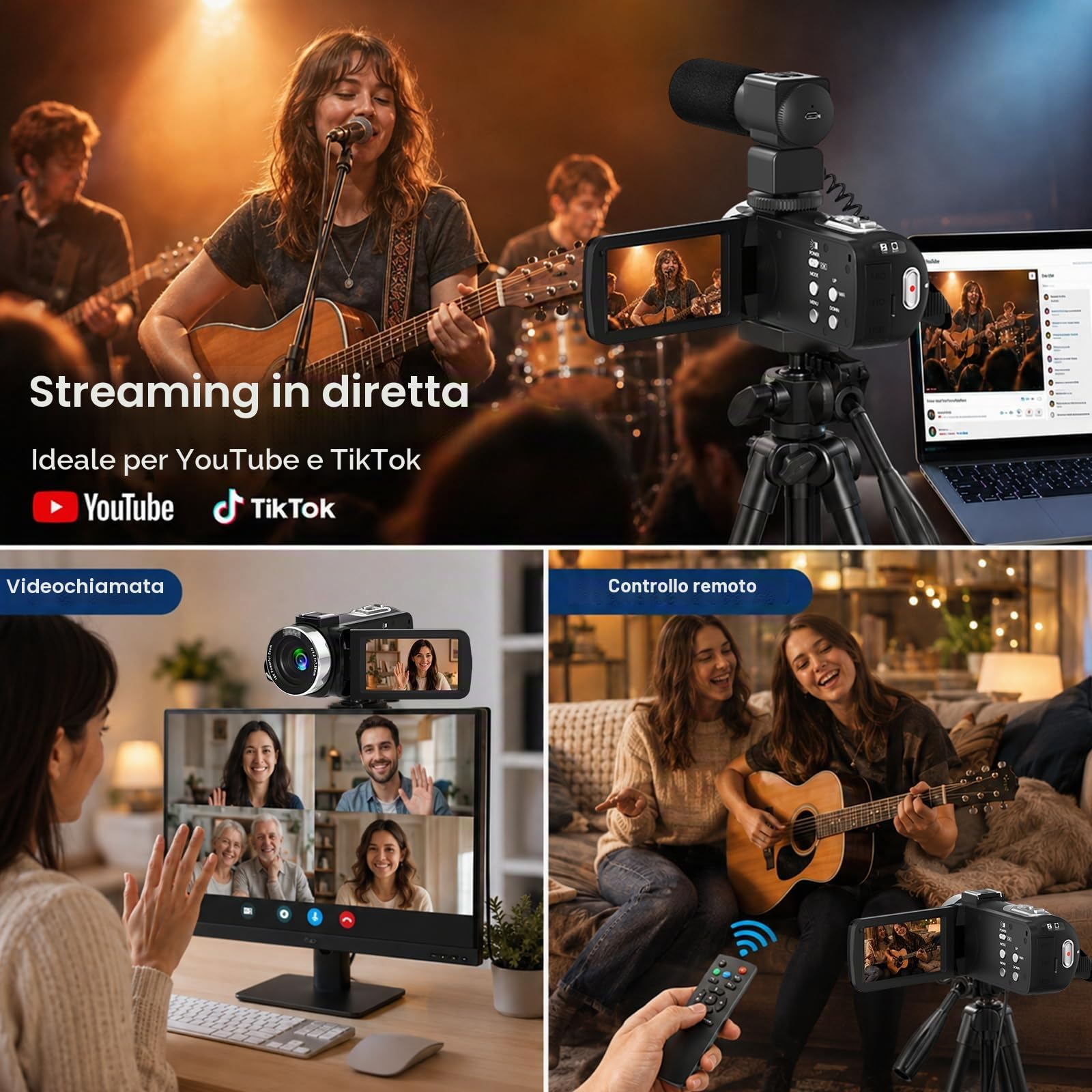 VETEK Videocamera 8 K, 48 MP, UHD, WiFi, visione notturna a infrarossi, per YouTube, zoom digitale 18x, schermo LCD da 3", fotocamera digitale con microfono, scheda SD da 32 G, telecomando e 2