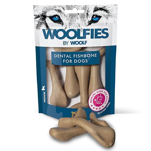 Woolf Woolfies Cepillo Fishbone M (4 pzs) 228 gr, Snack Dental, Premio Dental para Perros