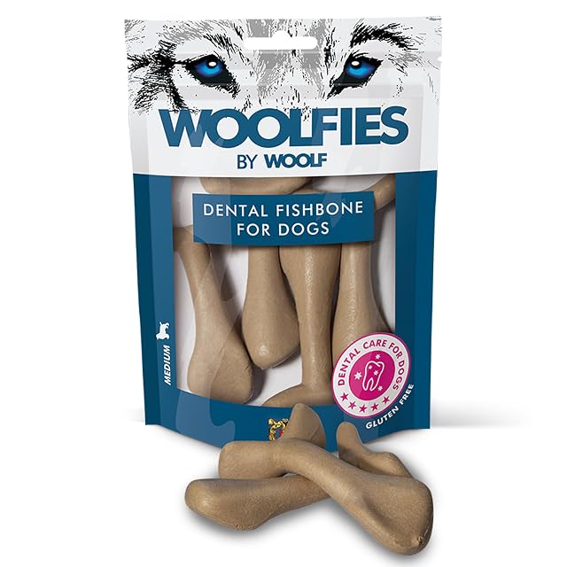 Woolf Woolfies Cepillo Fishbone M (4 pzs) 228 gr, Snack Dental, Premio Dental para Perros