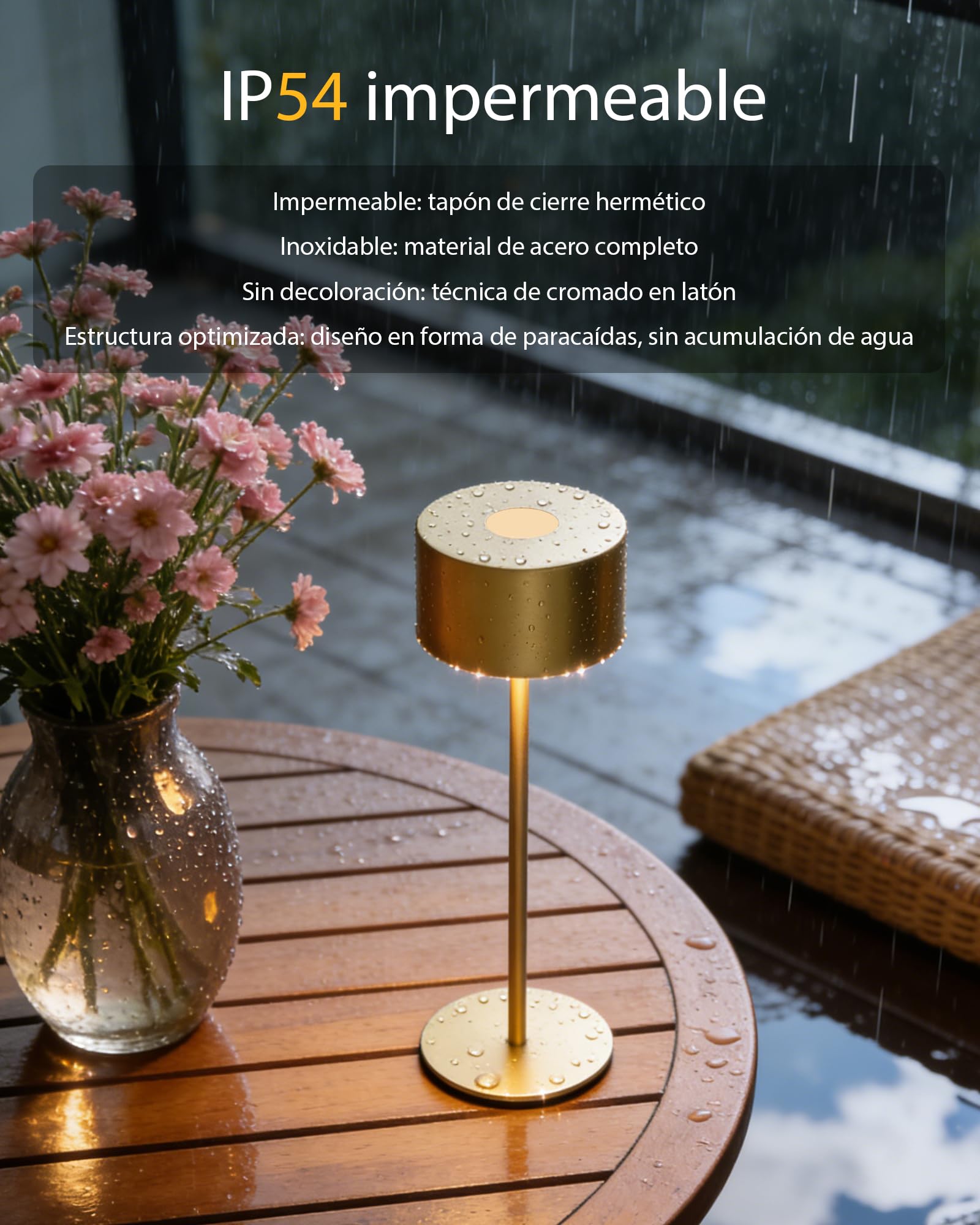 Lámpara Inalámbrica Metálica Dorado IP54 | 3 Temperaturas + Brillo Regulable | Recargable USB | Multiuso para Restaurante, Dormitorio y Camping