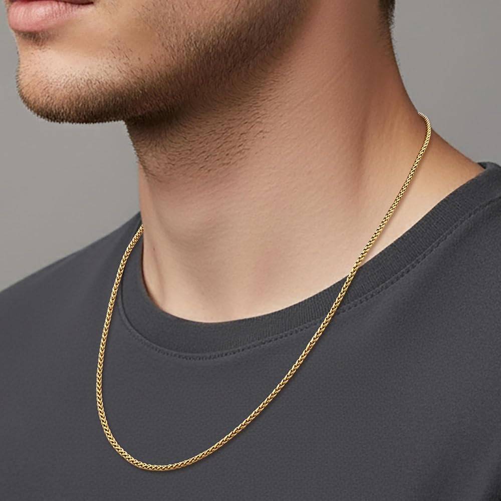 Fiusem 14K Gold Plated Wheat Chain Necklace for Men, 2/2.5/3/4/5mm Stainless Steel Necklace Chains for Men and Women 16-28 Inch