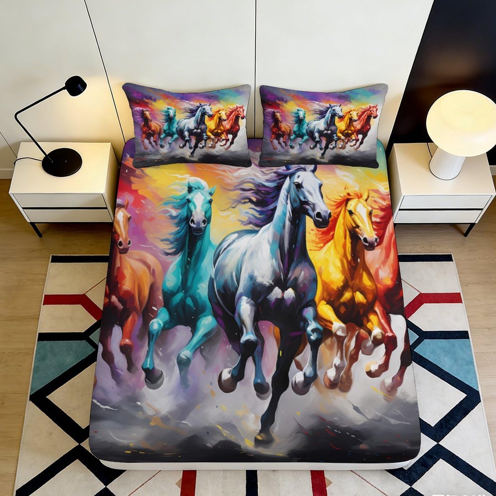 Jqzkxnhpbr Style-9 3D Printed Colorful Running Horses Fitted Sheet Microfiber Soft Breathable Rainbow Wild Horse Mattress Cover For Bedroom Dorm Mattress Protection Decor 90X200x25cm
