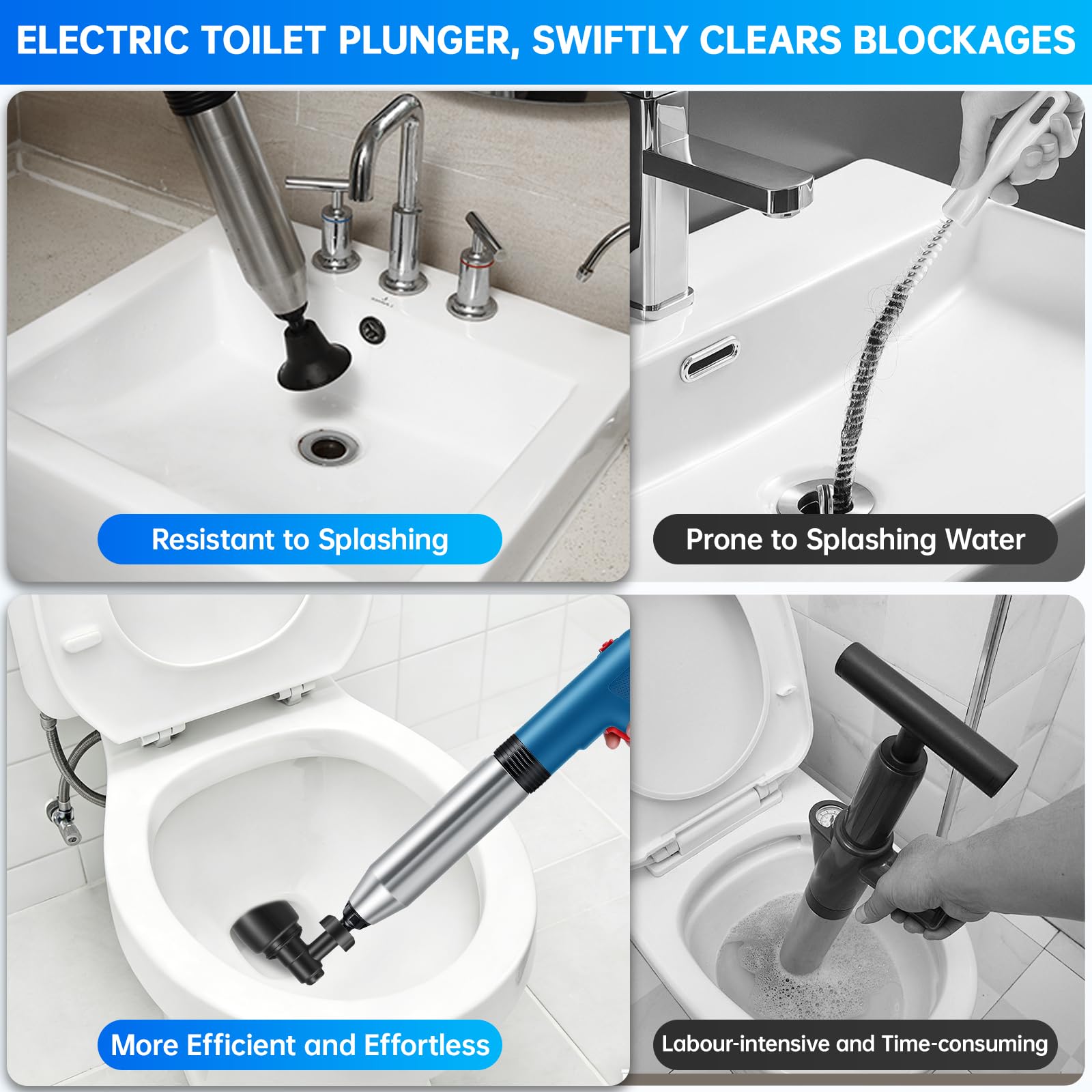 Rohrreiniger Druckluft, 4 in 1 Pömpel Toilette, Abflussreiniger Pumpe, Pressluft Rohrreiniger mit Luftdruckanzeige, für Waschbecken, Bodenablauf, Badezimmer, Toiletten, Dusche