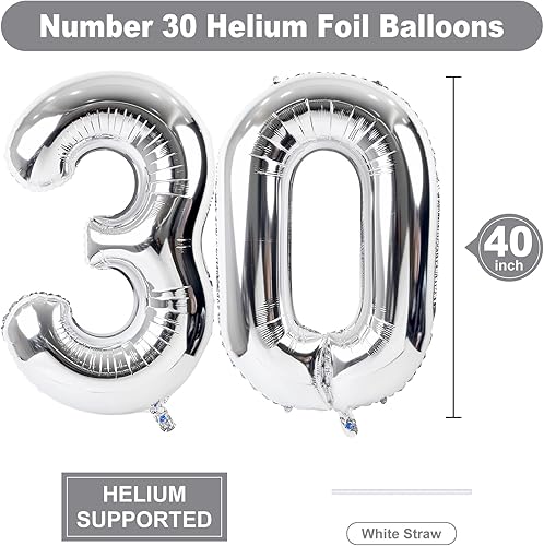 Miniatura 2 de Globo plateado gigante de 30.40 pulgadas, globos plateados de 30 pulgadas para decoración de cumpleaños de helio, globos plateados del número 30