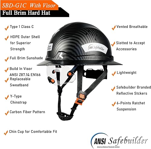 Miniatura 3 de SAFEBUILDER Casco de seguridad de ala completa con visera para ingeniero ventilado y parasol 6 puntos de suspensión ANSI Z89.1, gorras de trabajo,