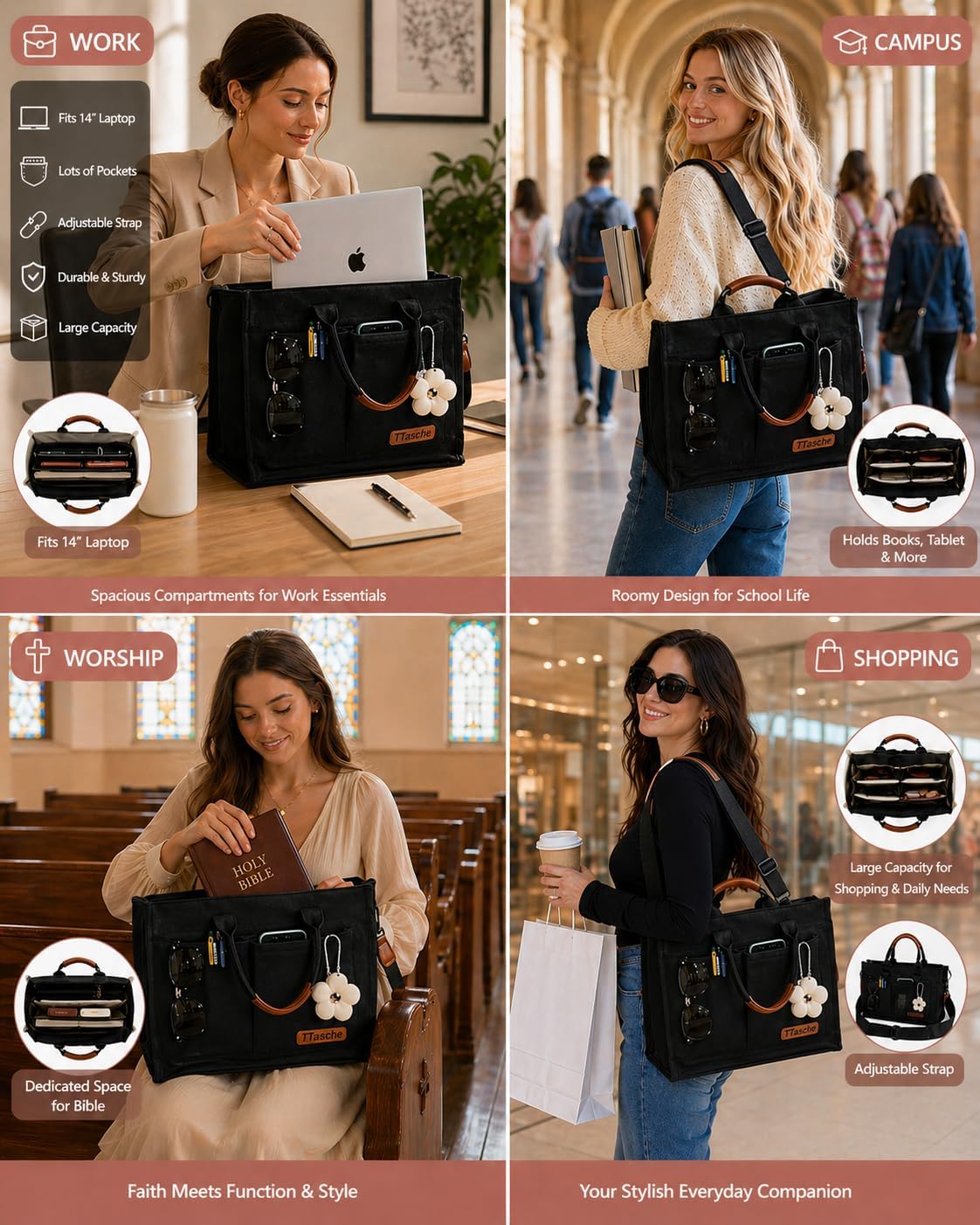 Canvas Tote Bag for Women Lightweight Handbag with Multi Pockets & Adjustable Strap Bible Bag for Daily Use Work