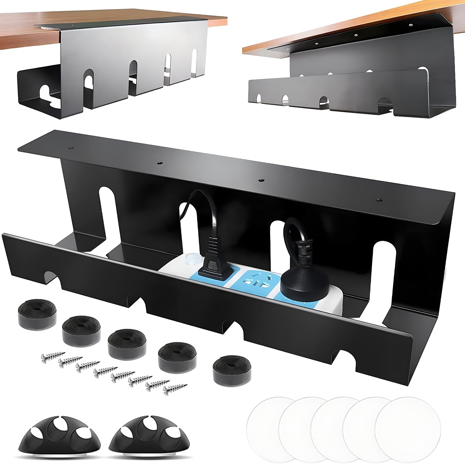 2 Pack Under Desk Cable Management Tray,Self-Adhesive Installation, Child & Pet-Safe Cable Management,Under Desk Cable Organizer for Wire Management, Perfect Home/Office Cable Organizer Rack (Black)